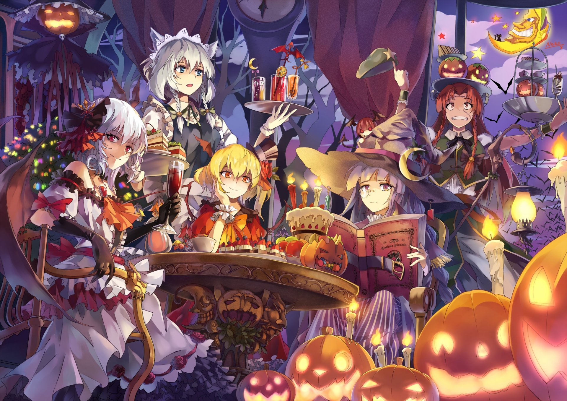 arte neko ragazze fiandre scarlet hong meiling izaei sakuya koakuma patchouli conoscenza remilia scarlet sguardo sorpresa sorriso demoni zucche vacanza touhou