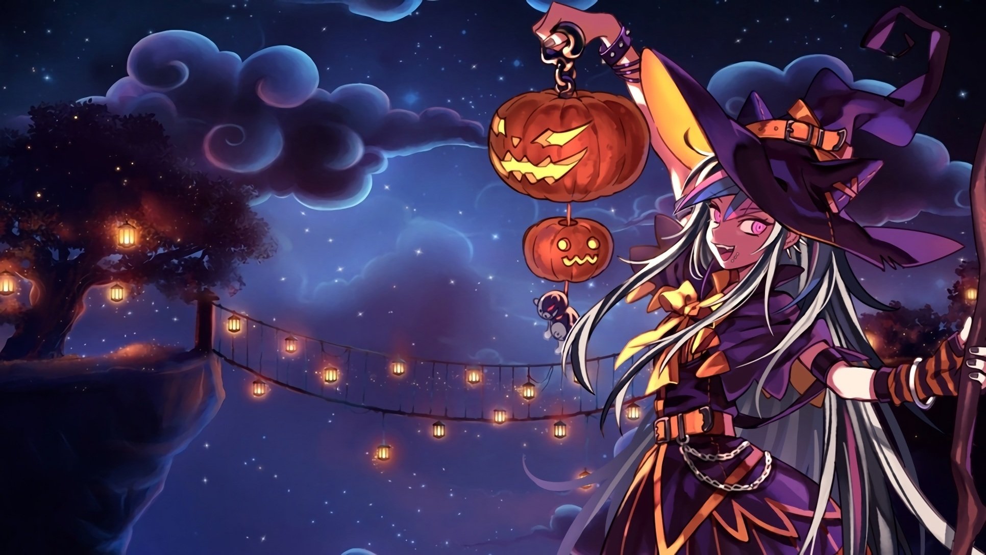 art mioda ibuki halloween dziewczyna czarownica kapelusz latarnia dynia wakacje noc niebo chmury most drzewo anime