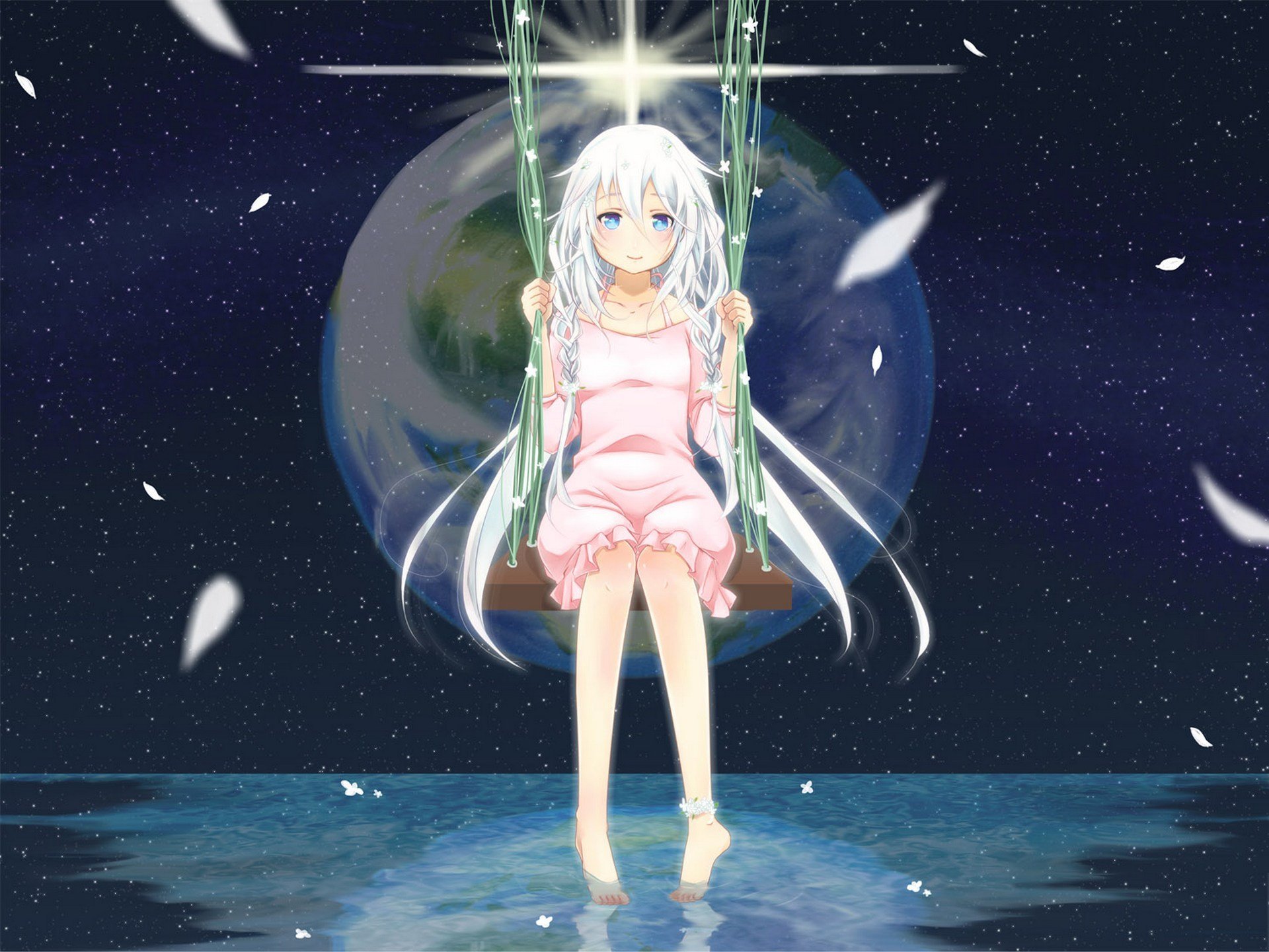 art nokko ia vocaloid girl earth planet swing water vocaloid petals reflection stars flowers bracelet smile