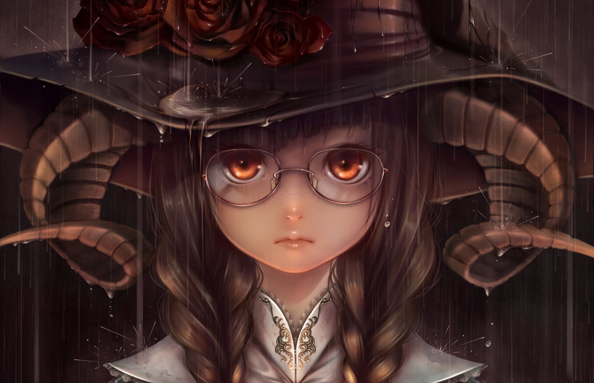 art bouno satoshi girl sunglasses horn hat roses rain