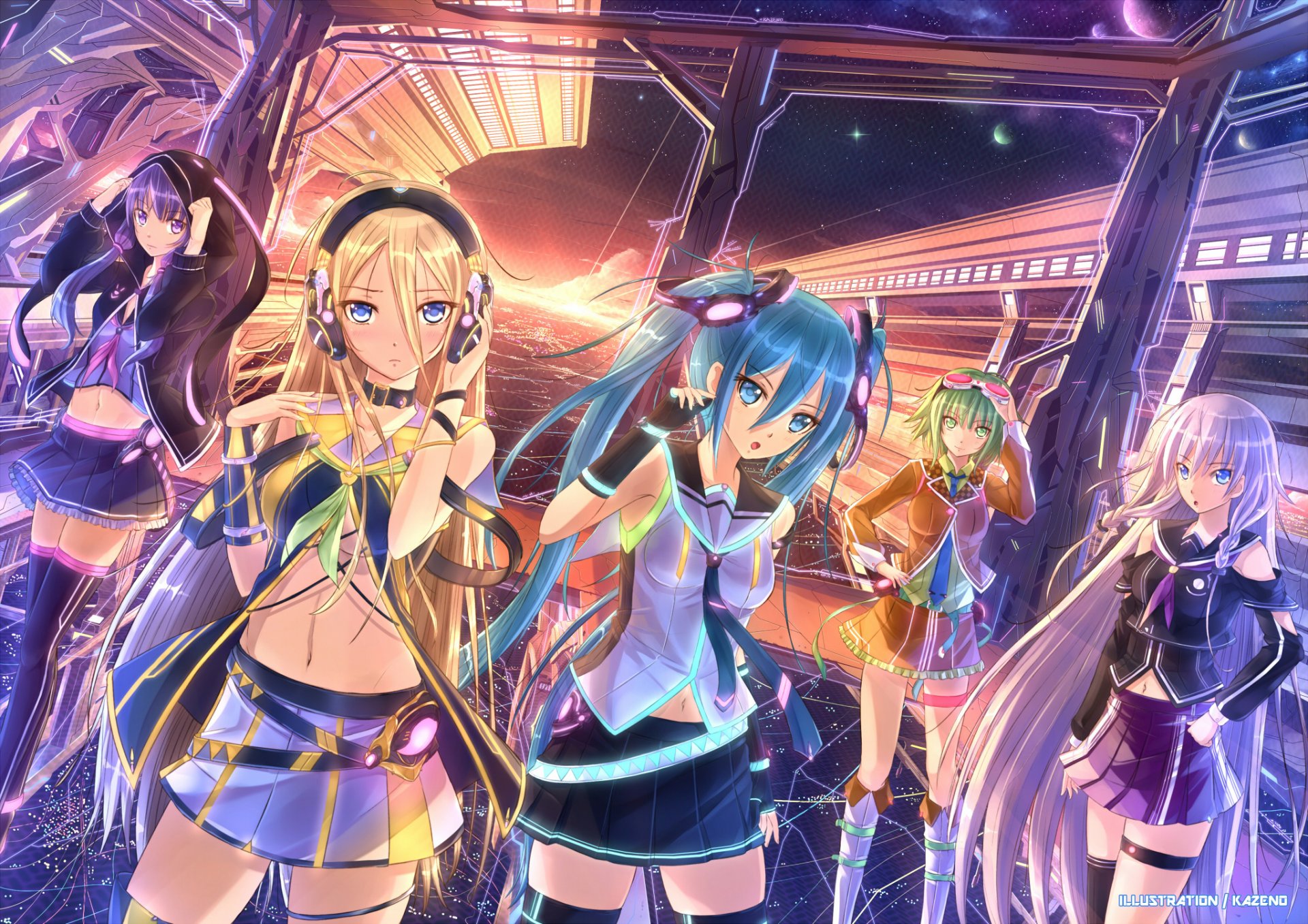 art kazeno girls gumi hatsune miku ia lily look smile embarrassment headphones city sunset vocaloid vocaloid