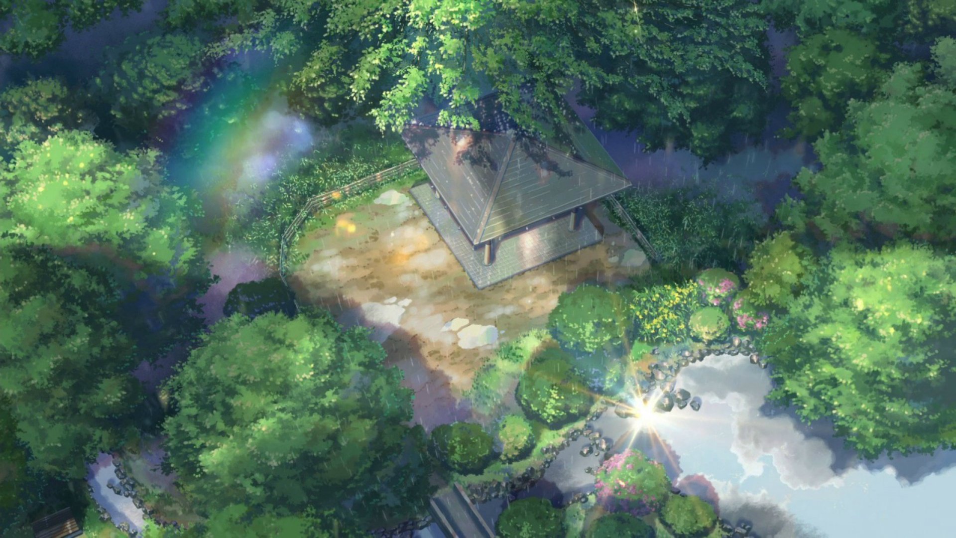 kotonoha no niwa the garden of words makoto shinkai garden of words park garden furniture tree roof fence pond stones rain rainbow