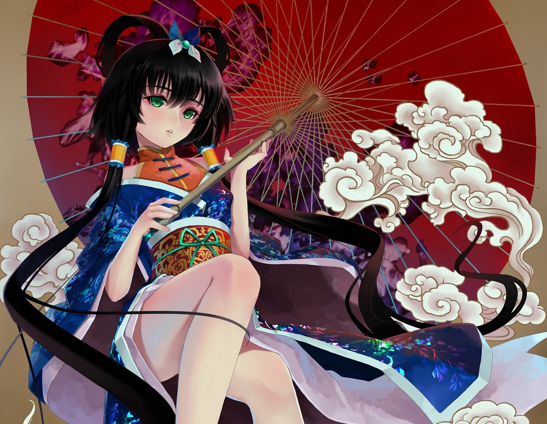 arte okingjo vocaloid luo tianyi ragazza ombrello yukata nuvole