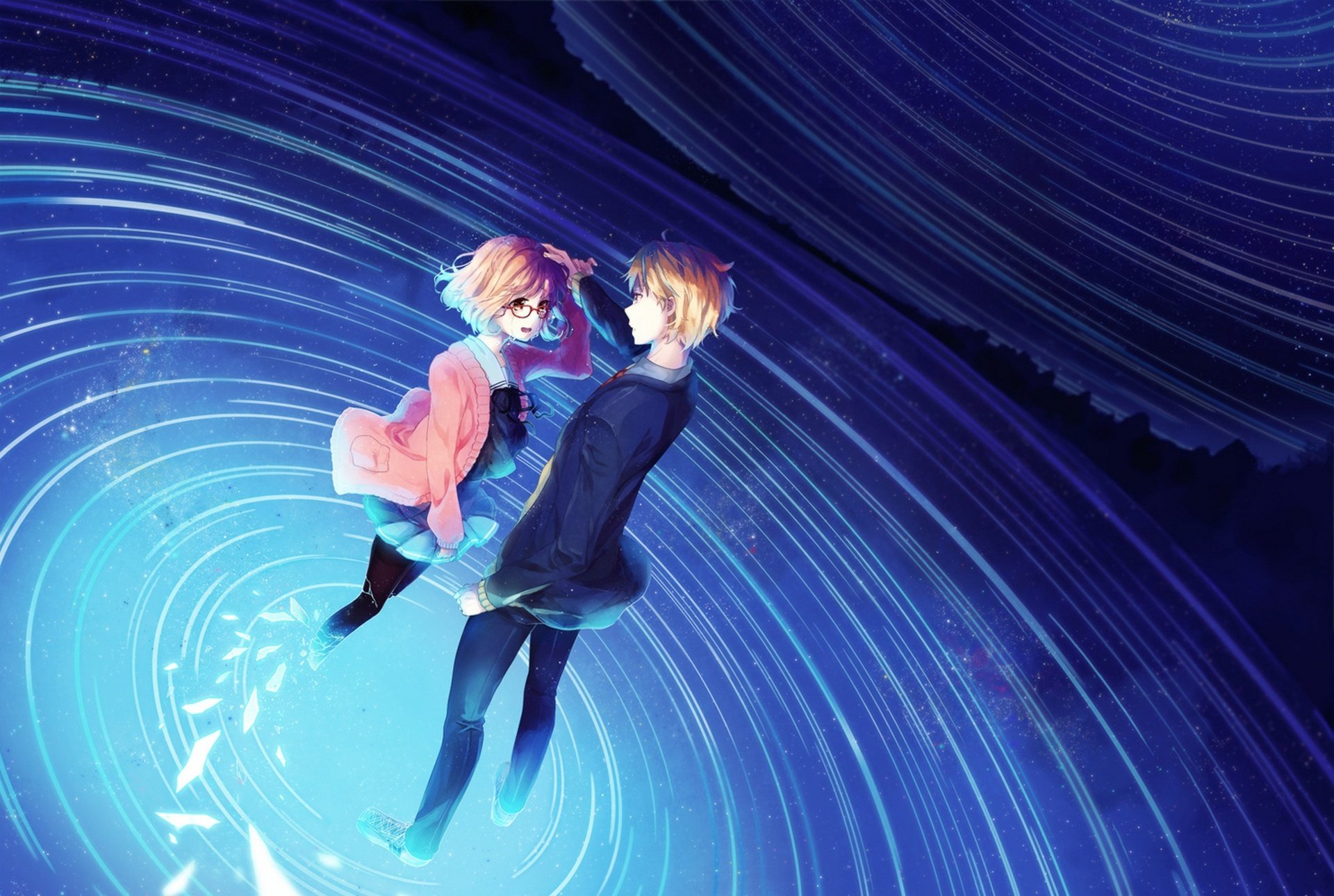 art anime no kyoukai no kanata kuriyama mirai kanbara akihito girl guy night sky stars water glasses tear