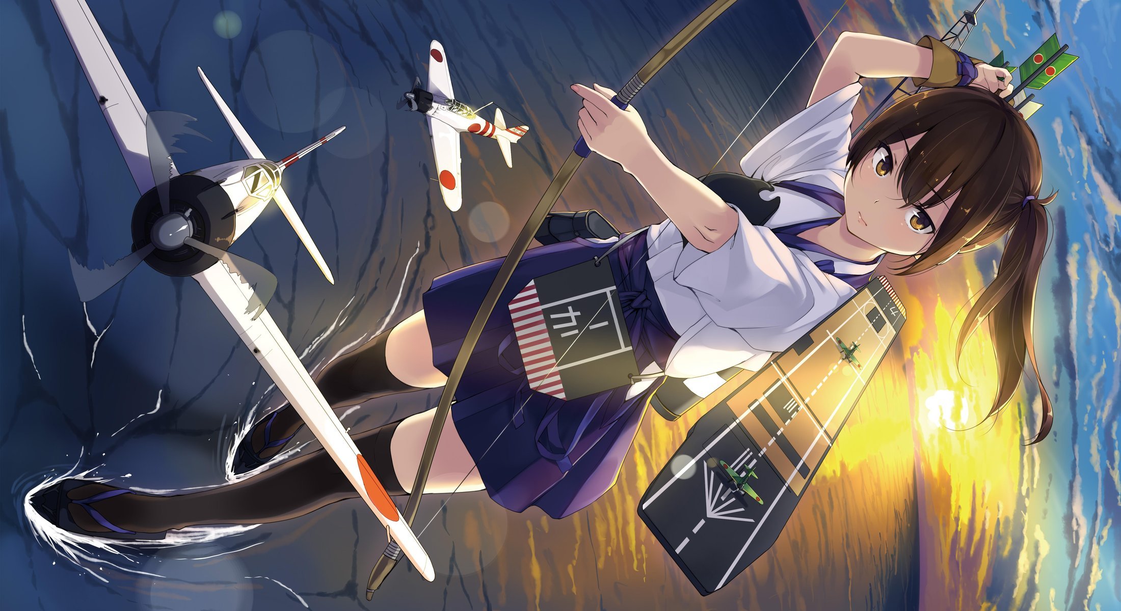 art unasaka re fille porte-avions kaga vue geste arme arc avions mer coucher de soleil collection kantai