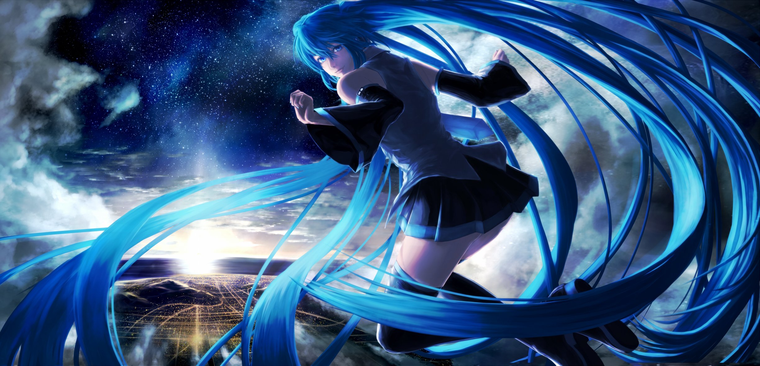 art nakacha vocaloid hatsune miku girl town sunset lights star