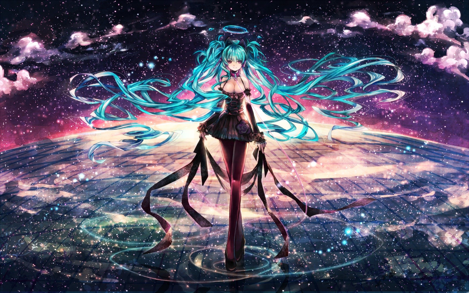 arte salai vocaloid hatsune miku ragazza stelle acqua riflessione alone cielo nuvole