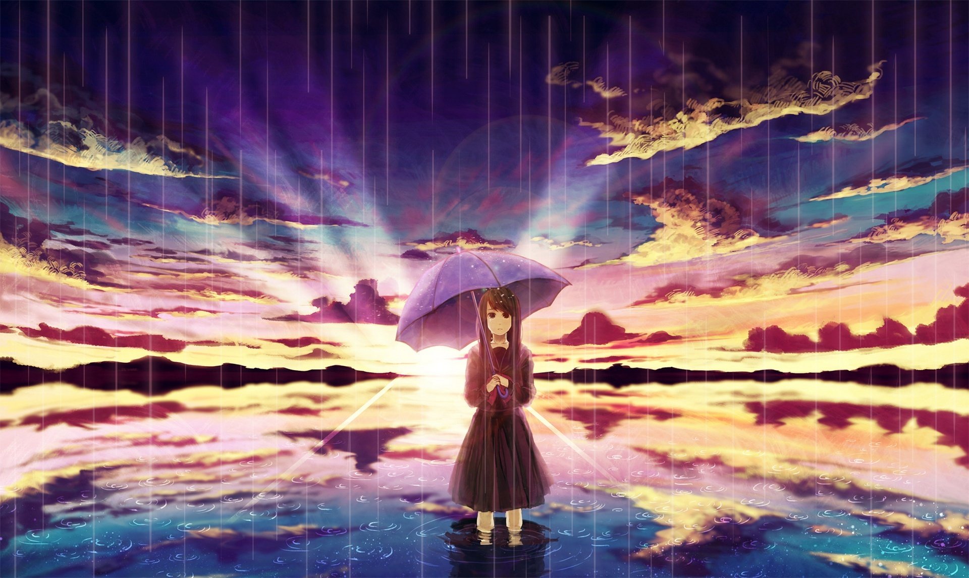 art amemura girl rain umbrella reflection water sunset clouds sky sun anime