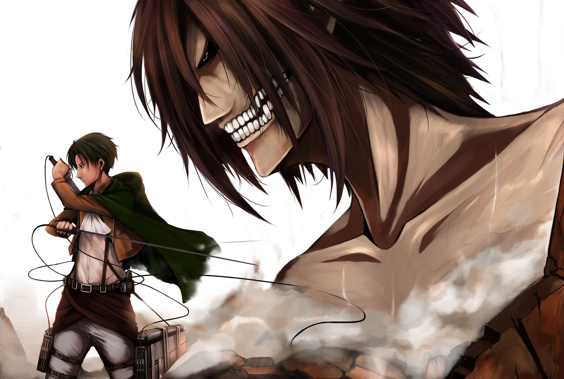 art fllay guy rivaille giant eren jaeger view indifference anger blade men shingeki no kyojin