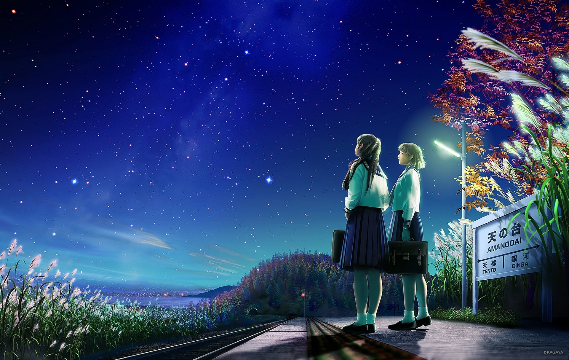 art kagaya girls star schoolgirl form night road nature mark anime