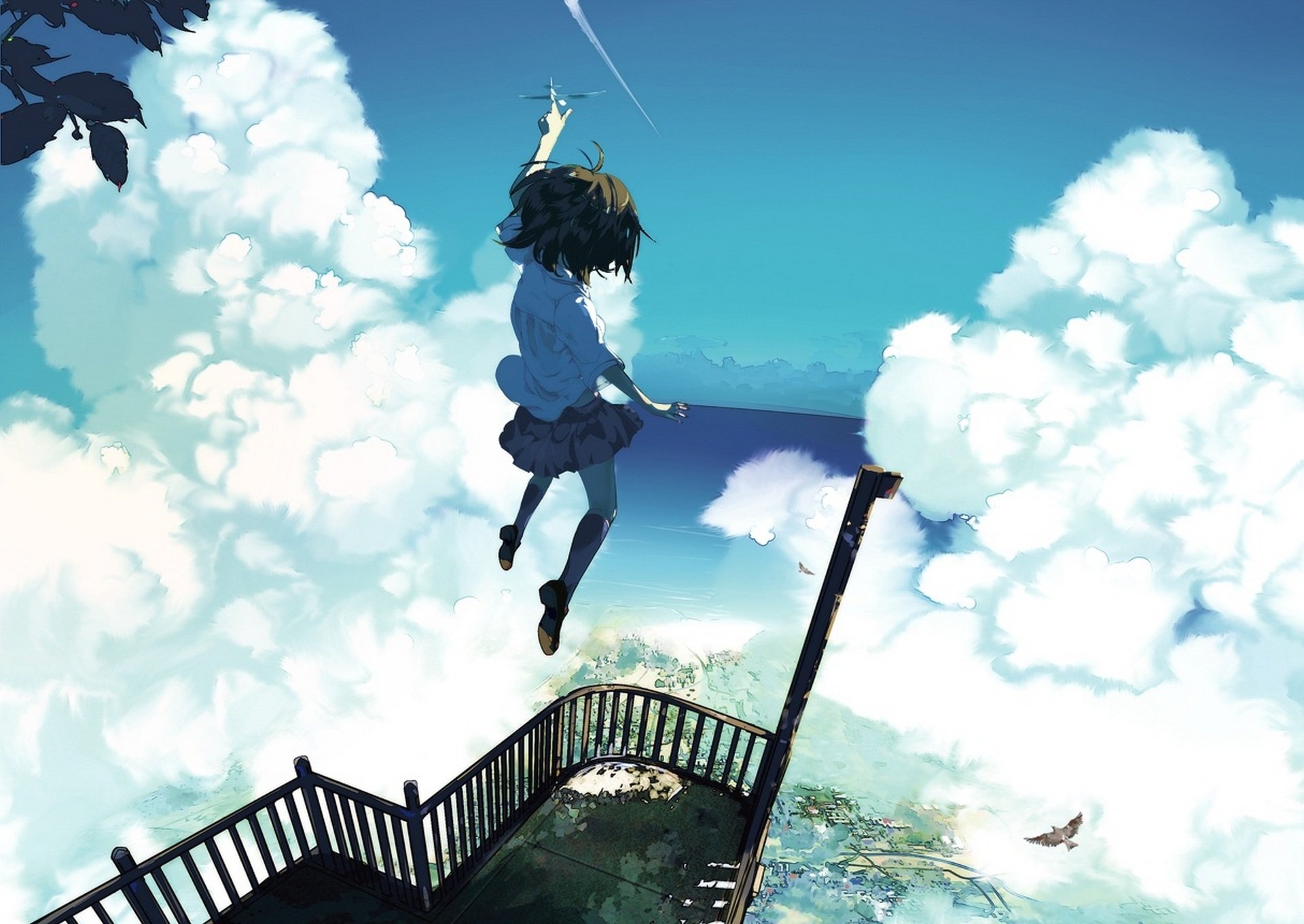 arte untan nanathy chica altura avión pájaro salto ciudad casa cielo nubes anime