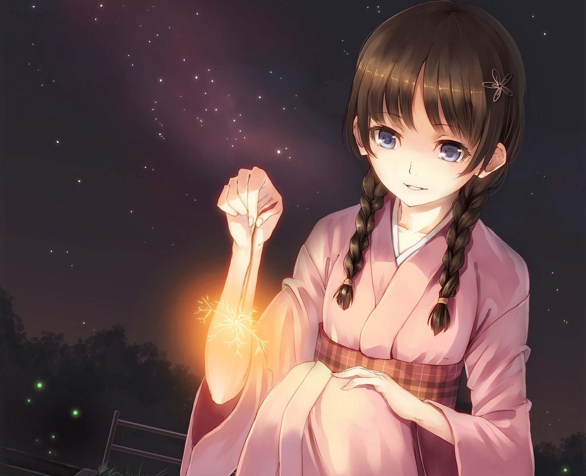 arte ragazza notte stelle filanti stelle cielo kimono trecce anime