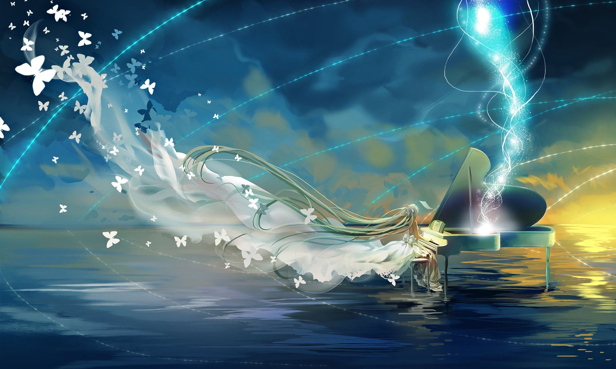 art miemia vocaloid hatsune miku fille piano eau papillons ciel nuages anime