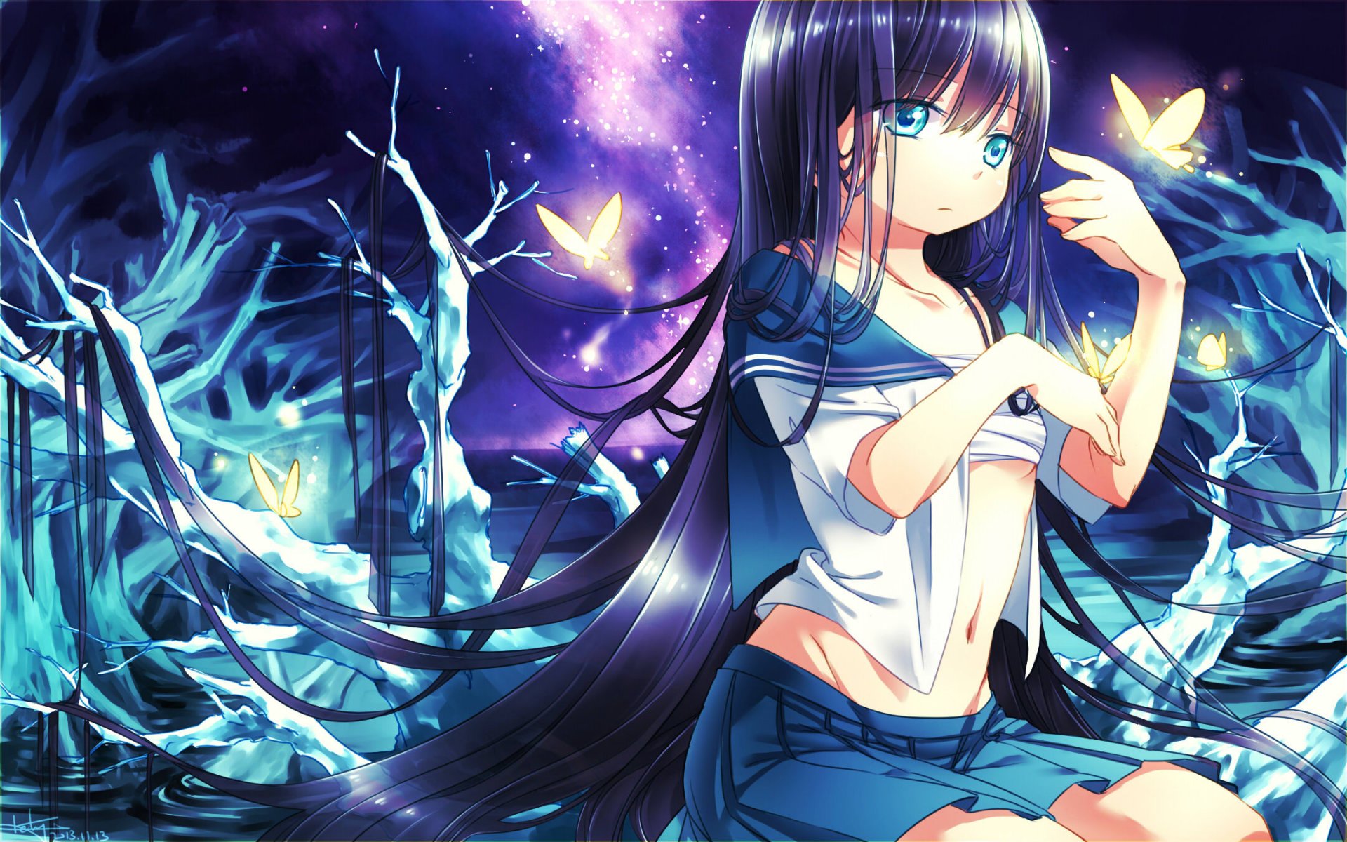 arte keluy ragazza farfalle studentessa uniforme stelle cielo acqua anime