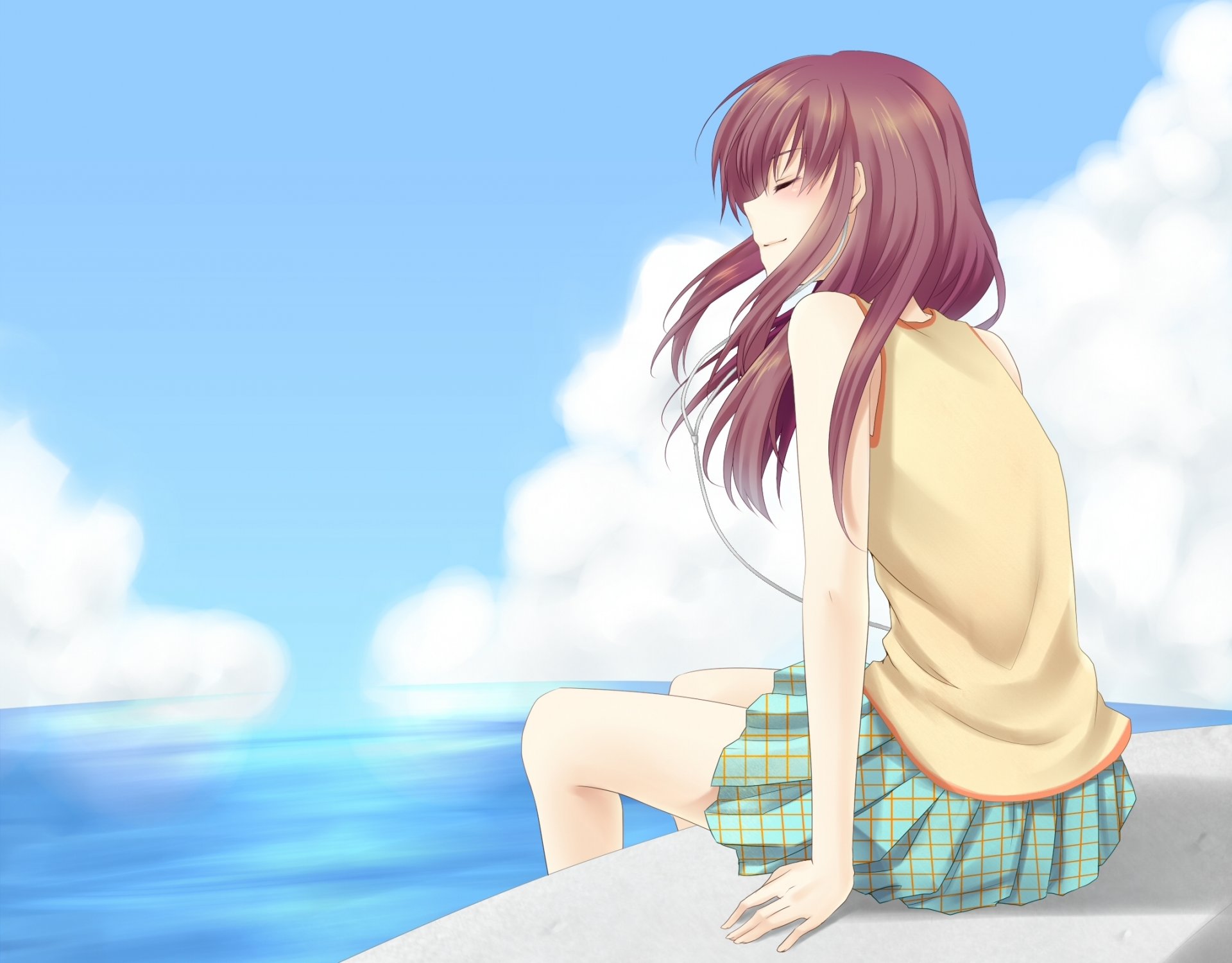 art asausagi girl sky clouds ocean eyes closed sitting anime