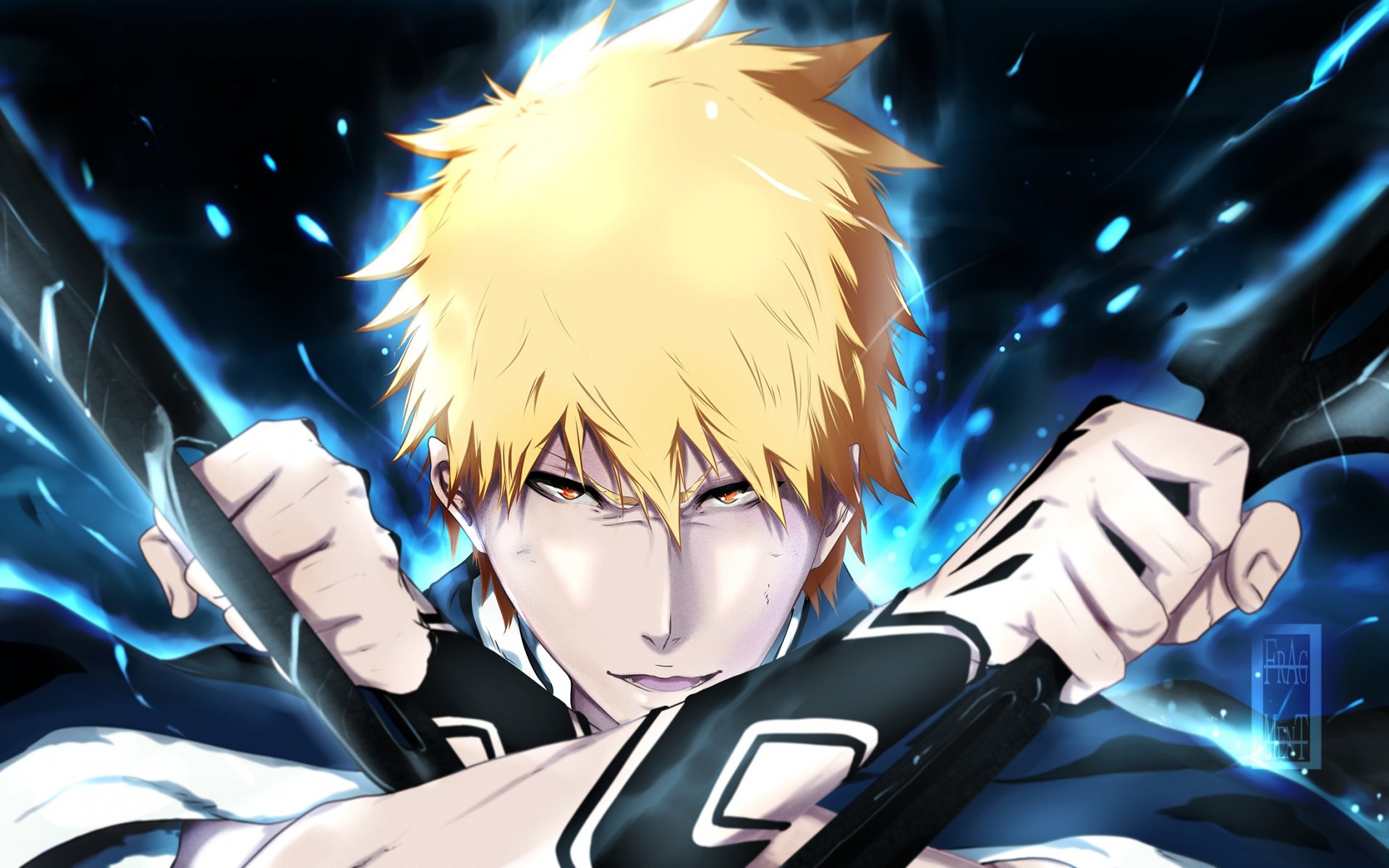 kunst ifragmentix kerl ichigo kurosaki blick lächeln waffe magie bleichmittel bleichmittel