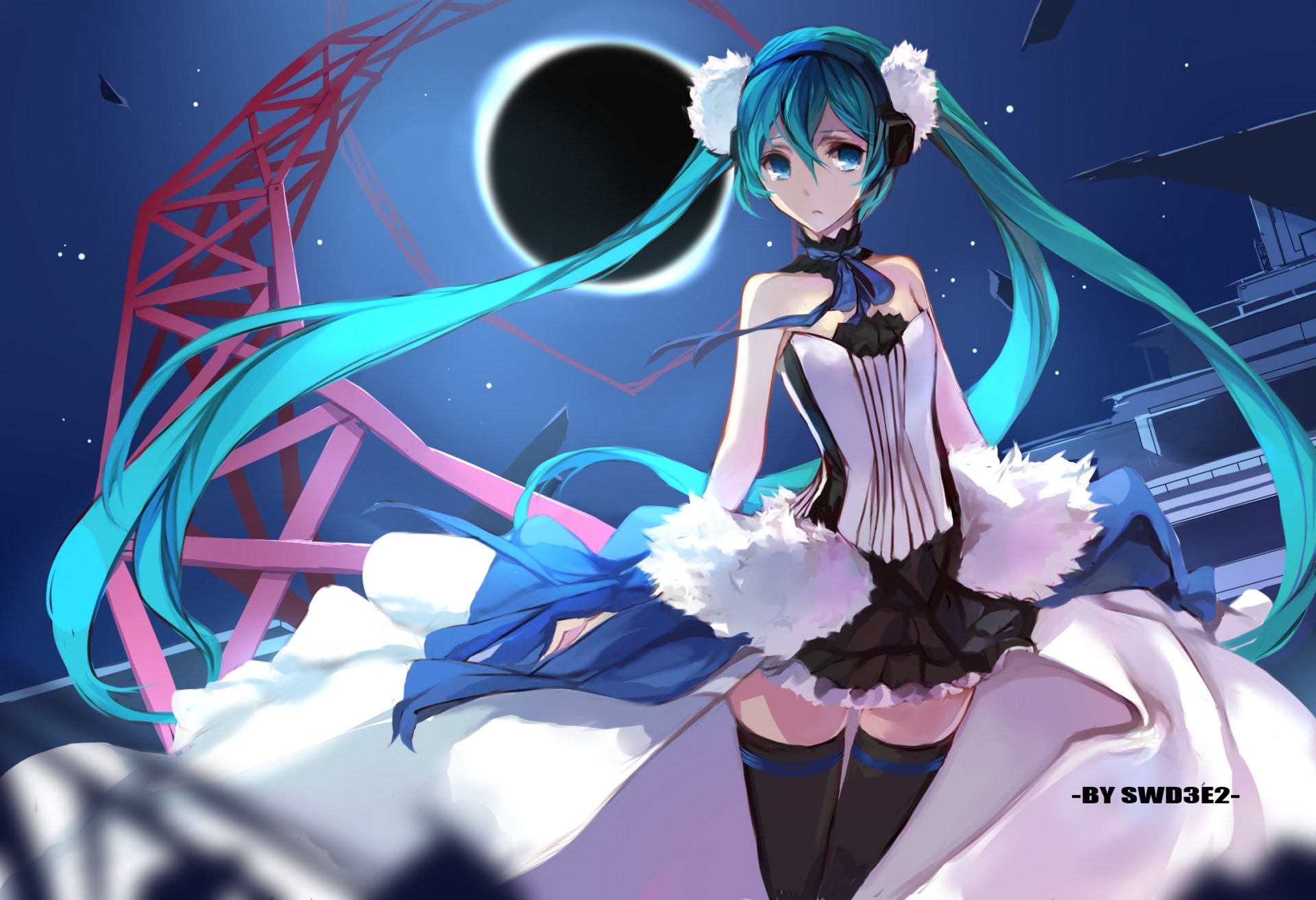 art swd3e2 7 smok vocaloid hatsune miku dziewczyna księżyc noc niebo gwiazdy łzy słuchawki