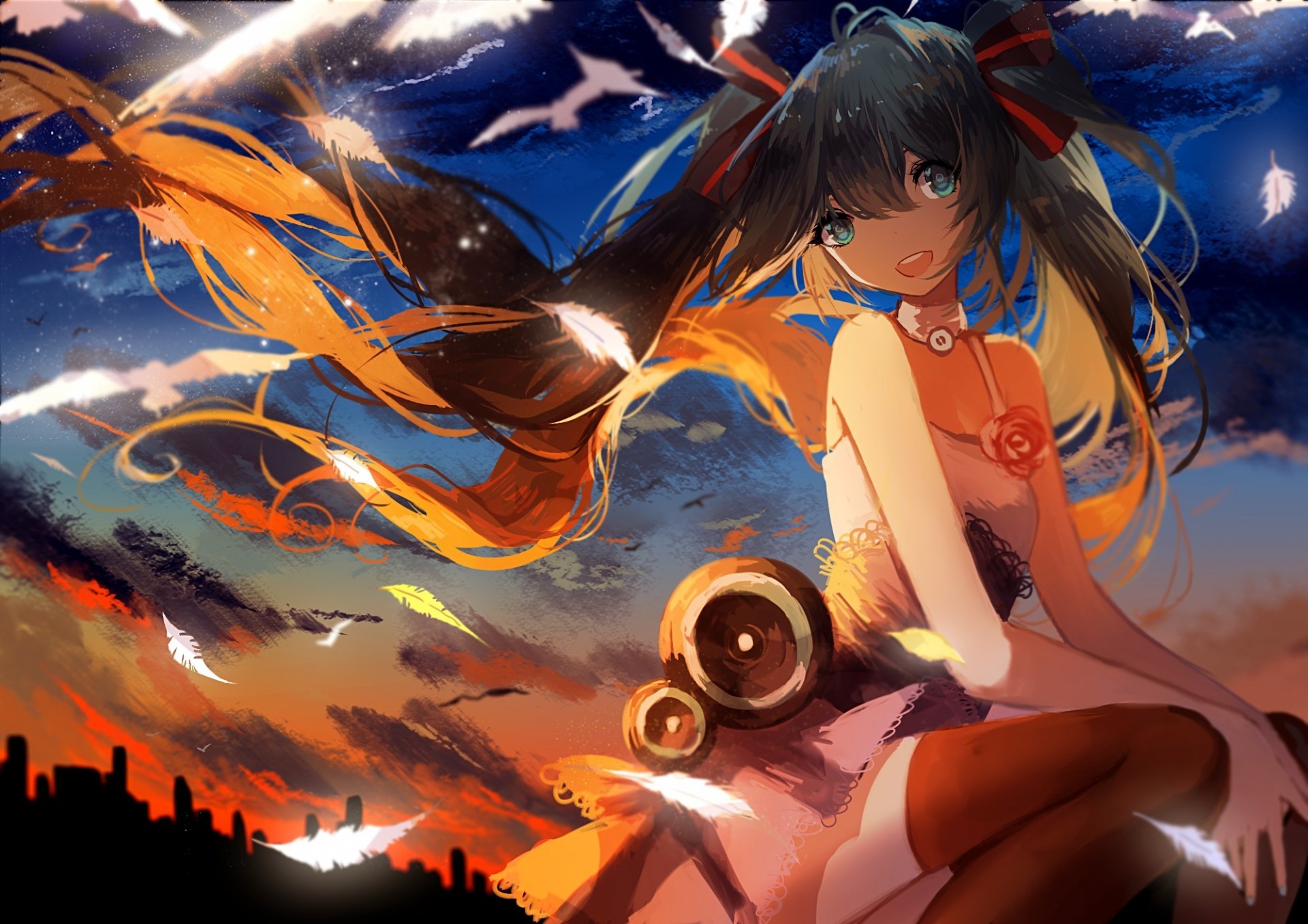 kunst prophet des herzens vocaloid hatsune miku mädchen sonnenuntergang himmel wolken federn anime