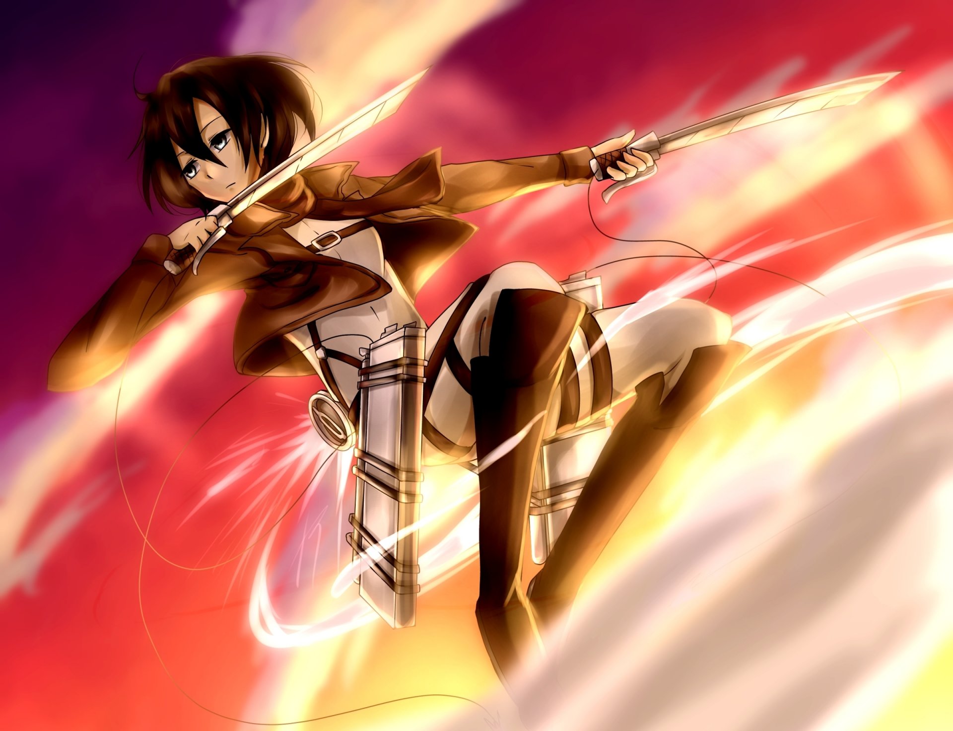 art girl mikasa ackerman view indifference of mind confidence gesture wag blade appliances smoke shingeki no kyojin