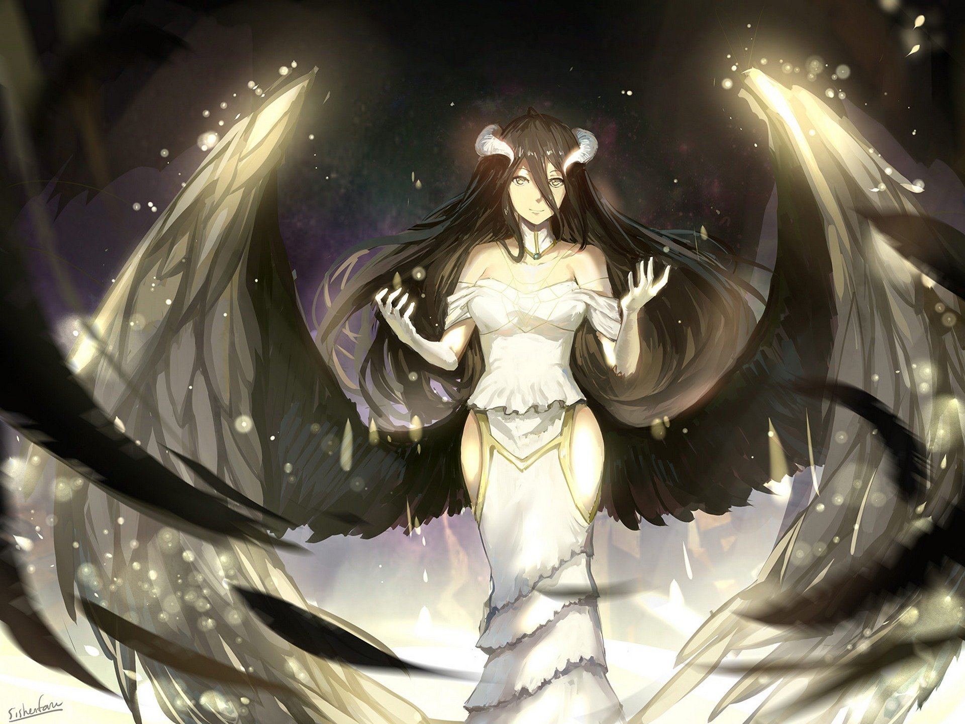 kunst sishenfan albedo mädchen flügel hörner engel magie anime overlord