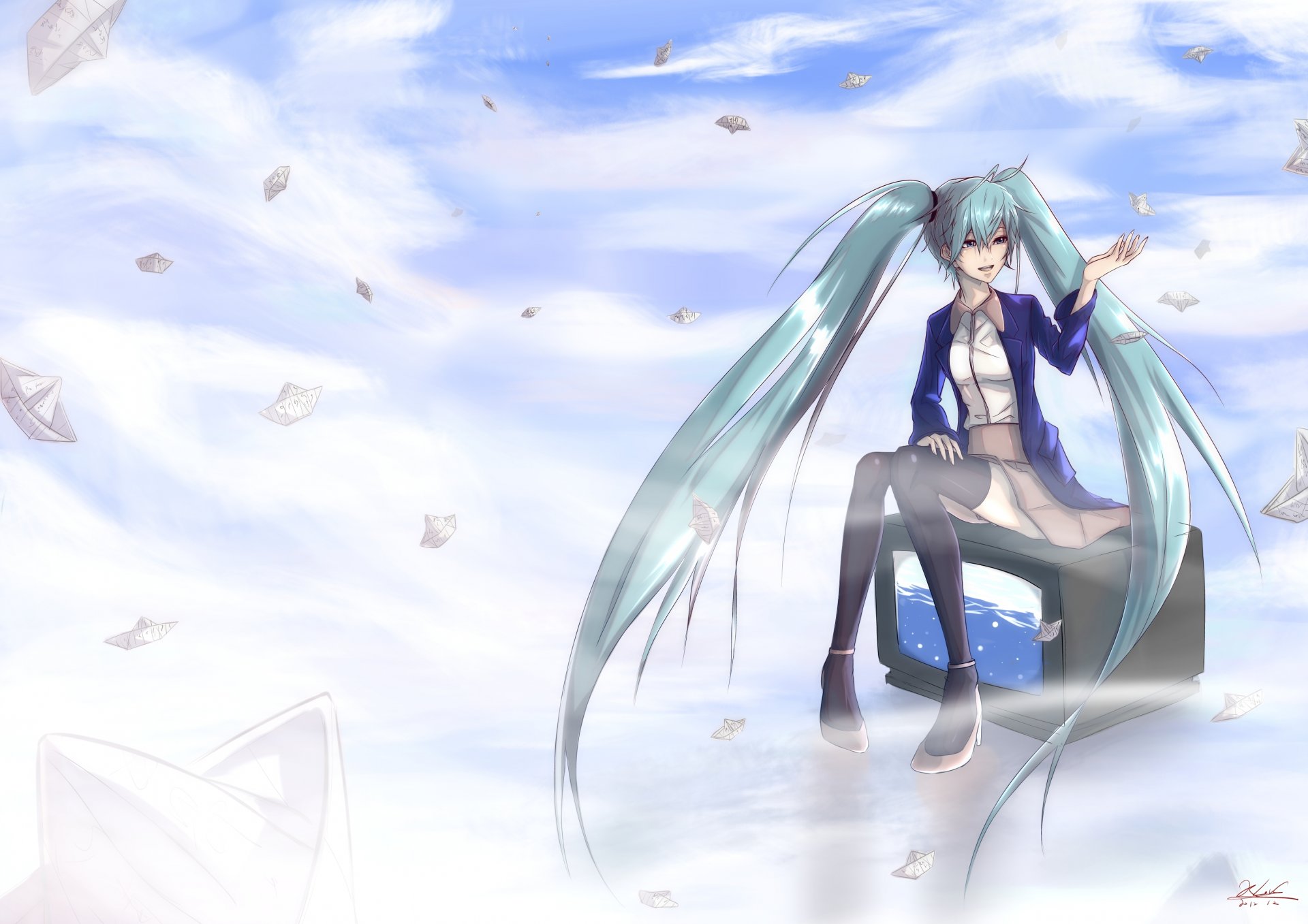 art deathklovc vocaloid hatsune miku dziewczyna vocaloid chmury niebo origami telewizja