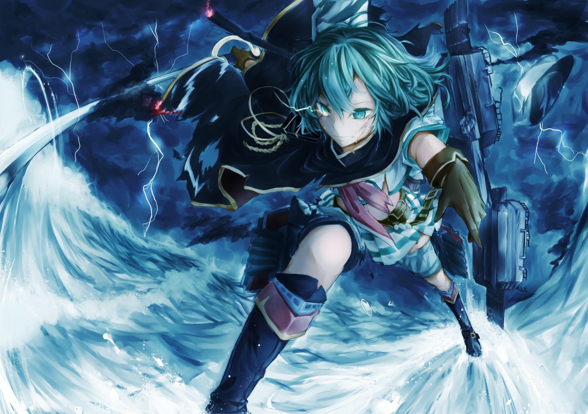 art gensou aporo kantai collection kiso girl weapon lightning water sky clouds anime