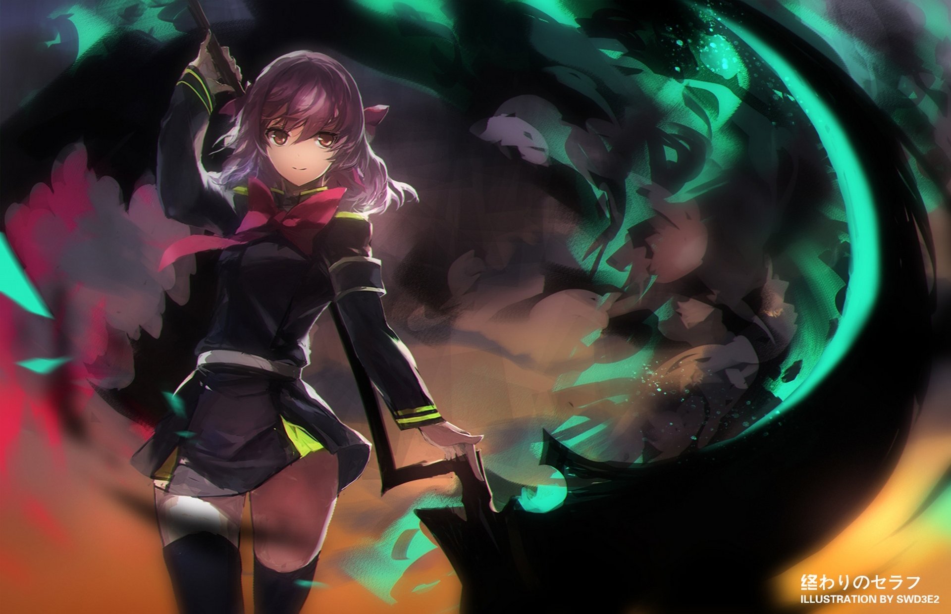 art swd3e2 anime owari nie serafin hiiragi shinoa dziewczyna warkocz broń magia