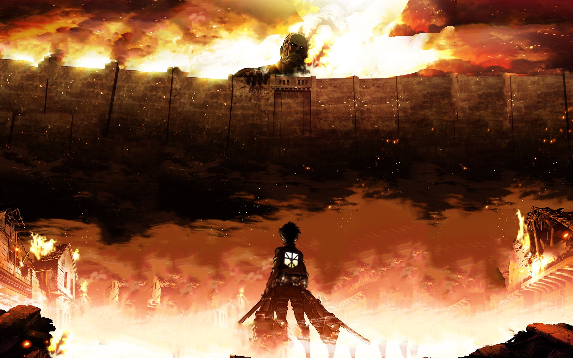 attack on titan eren jaeger art anime invasion of the giants shingeki no kyojin town wall fire