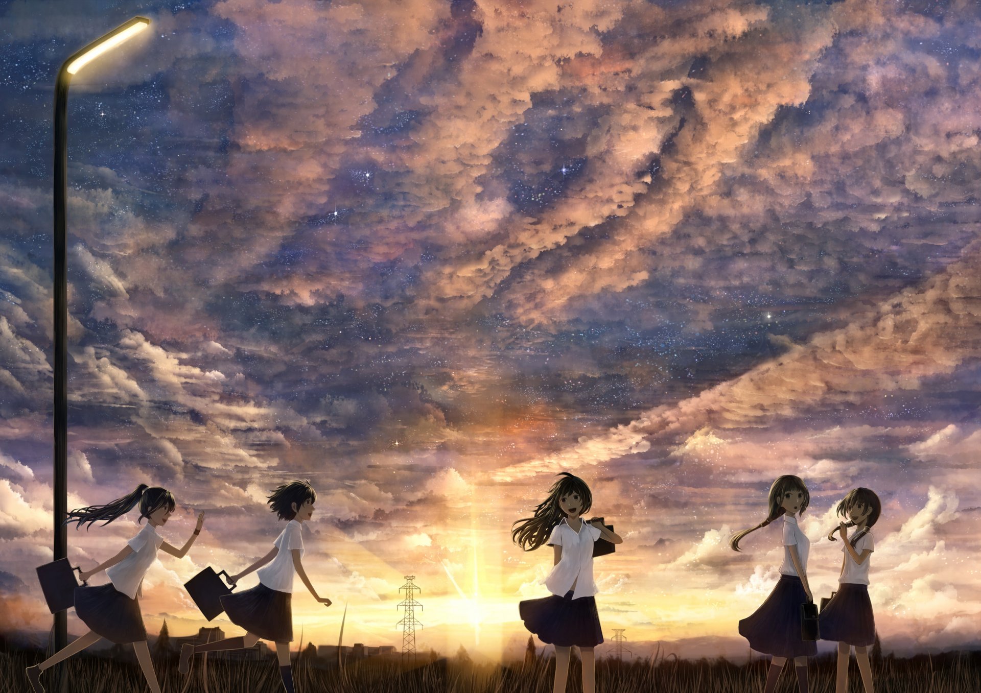 art bounin girls sunset sky anime clouds sun light house