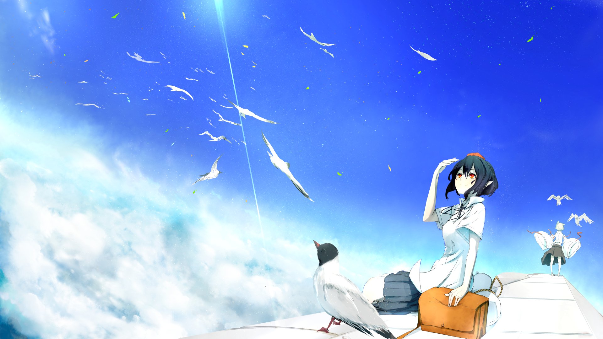 art yugeoryouki touhou shameimaru aya inubashiri momiji filles hauteur ciel nuages oiseaux