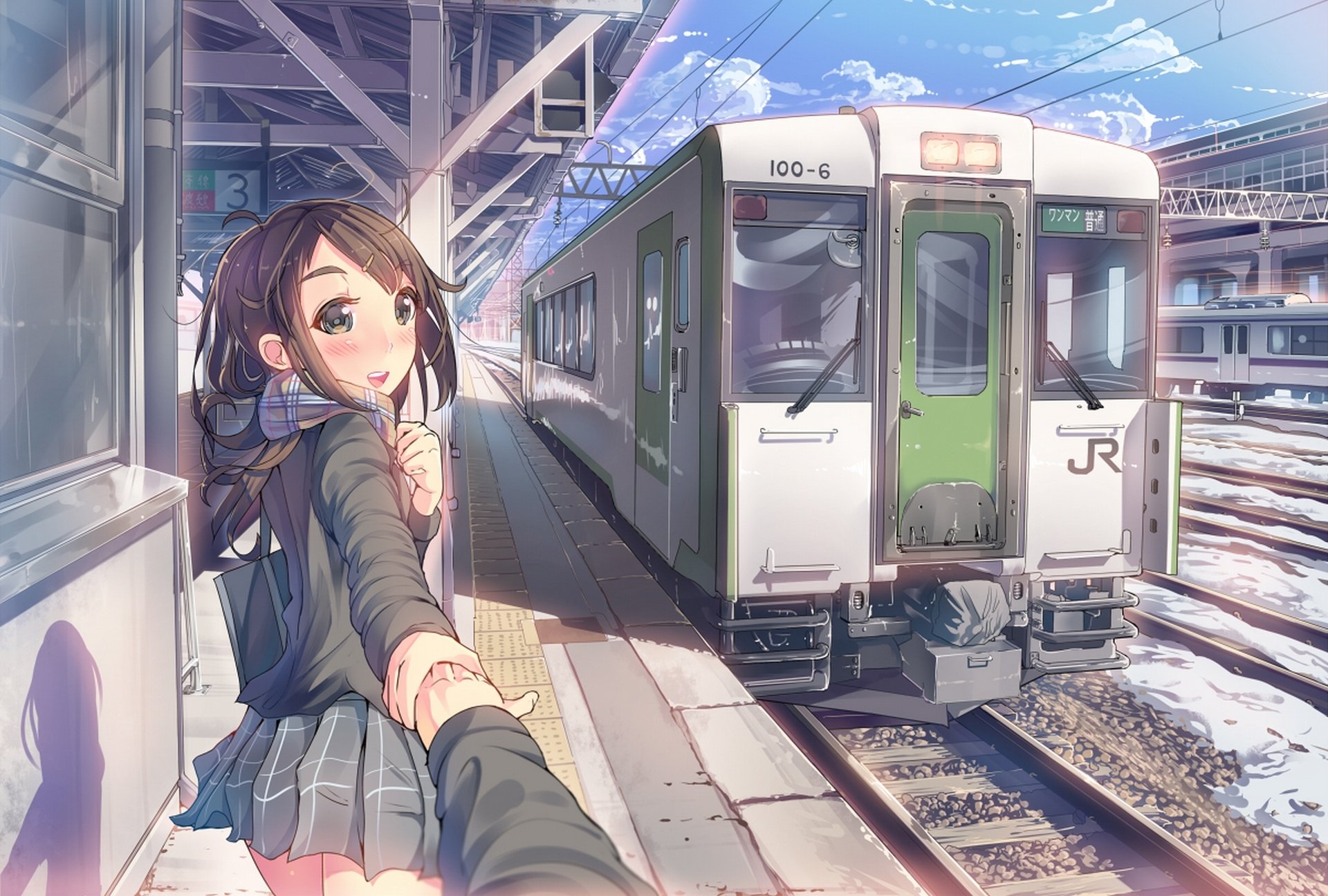 arte daito chica tren bufanda mano carro sonrisa colegiala uniforme cielo nubes anime