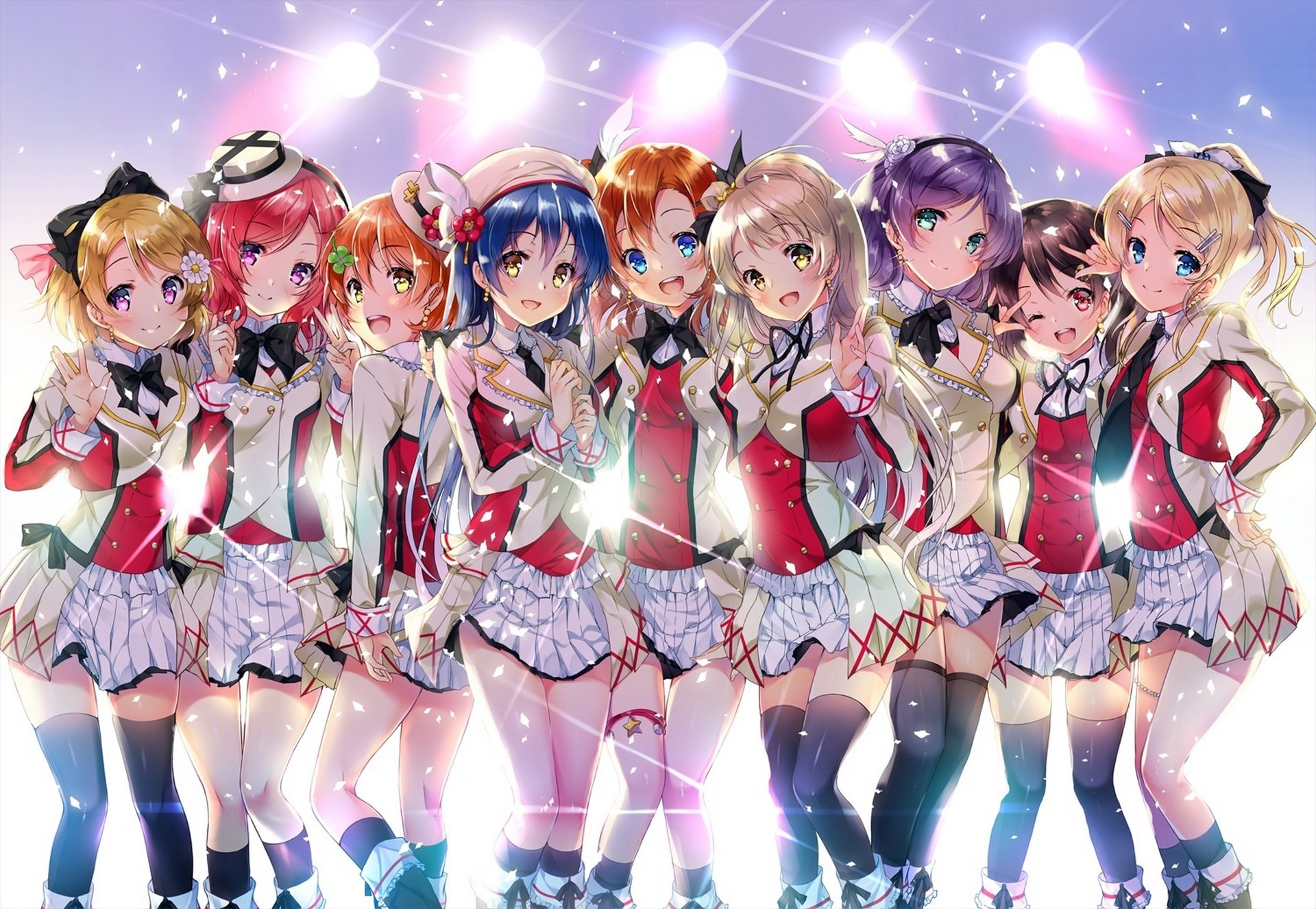 art miwabe sakura anime love live school idol project ayase eri hoshizora rin koizumi hanayo kousaka honoka minami kotori nishikino maki sonoda umi toujou nozomi yazawa nico girls smile form light stocking