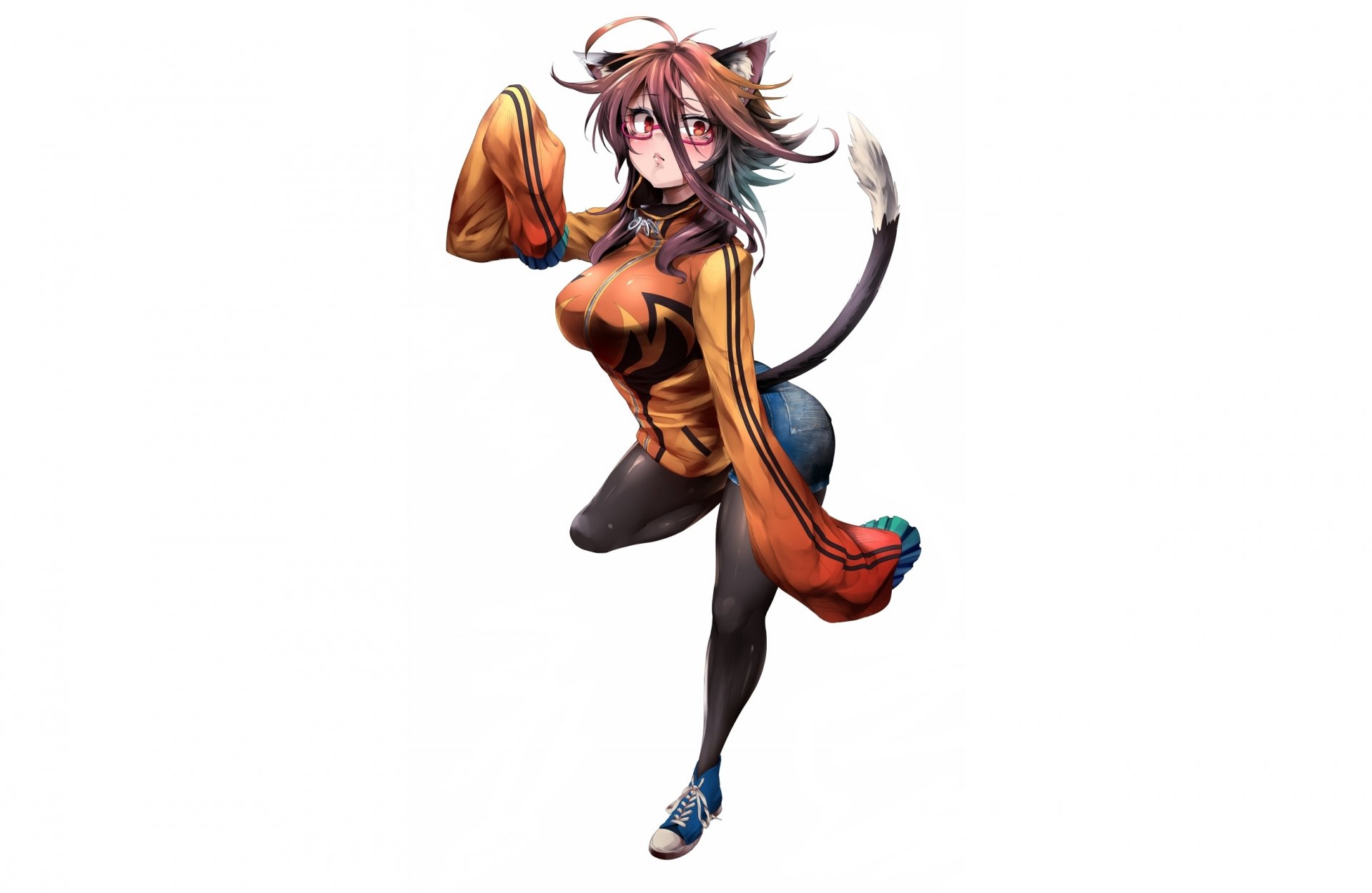 art nekoarashi girl view confused one ears tail sunglasses jacket background