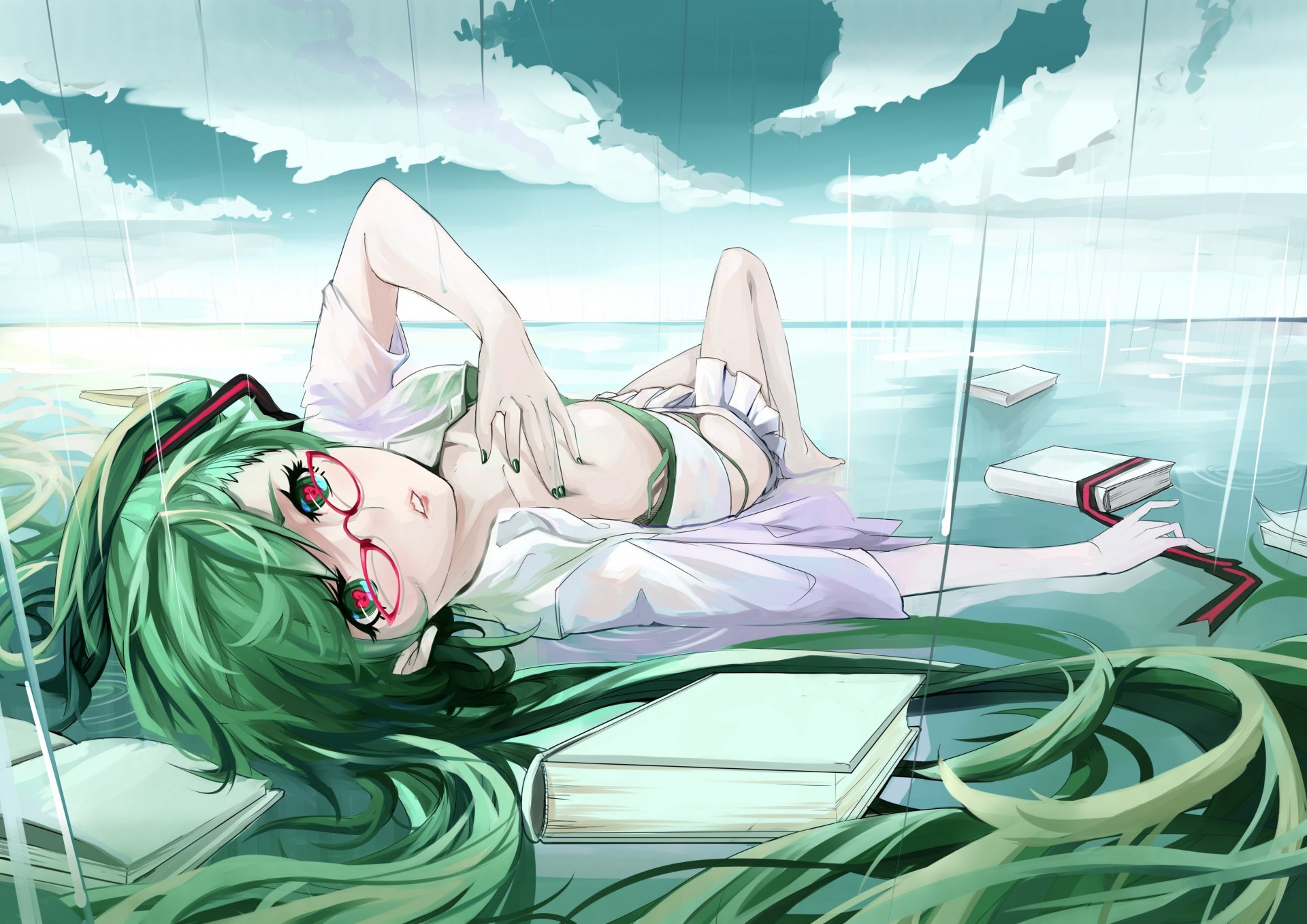 искусство pixiv id 4636150 vocaloid hatsune miku девушка лежит взгляд очки книги вода дождь небо облака