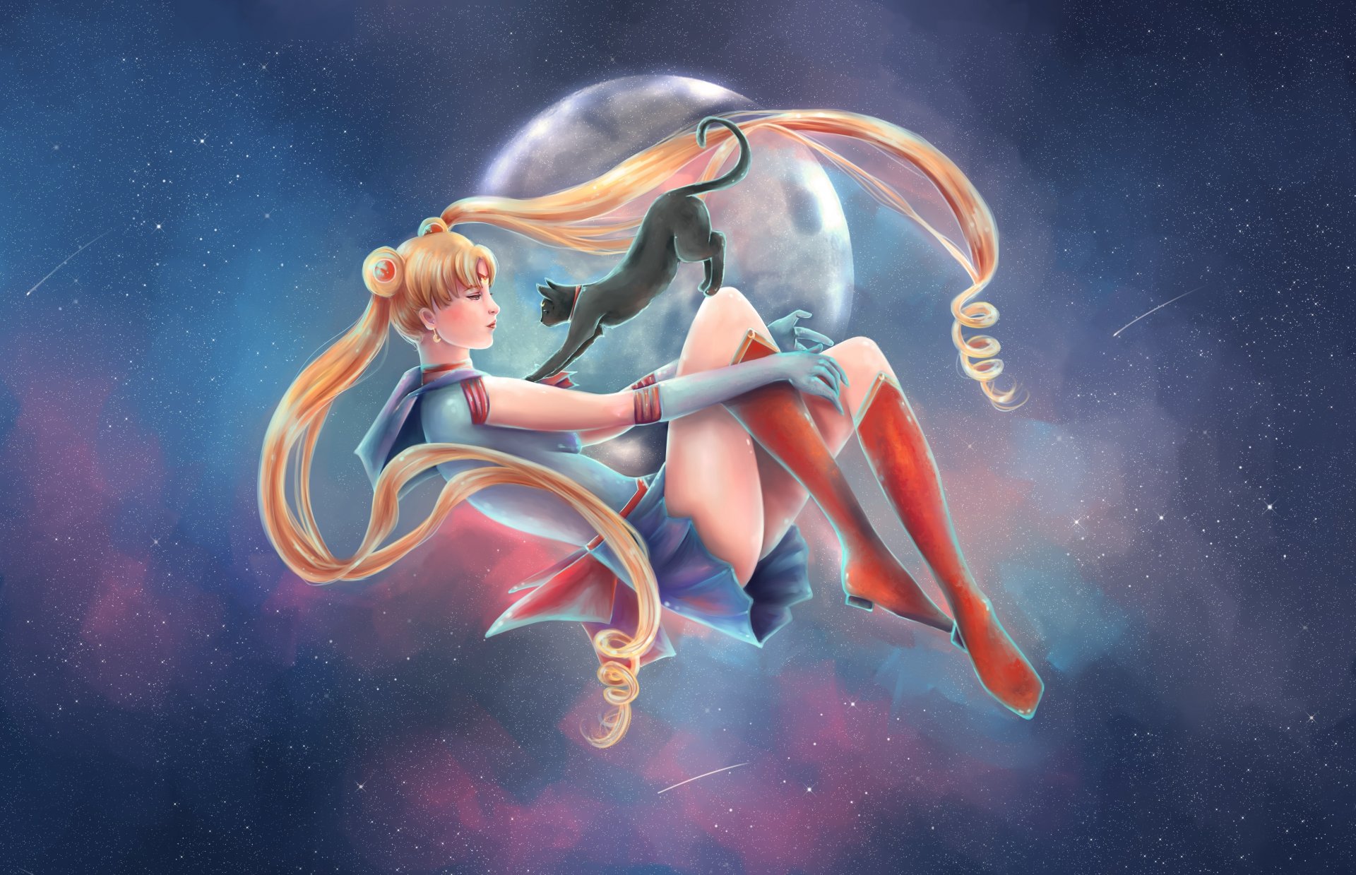 art bishoujo senshi sailor moon usagi księżyc dziewczyna sailor kot gwiazdy