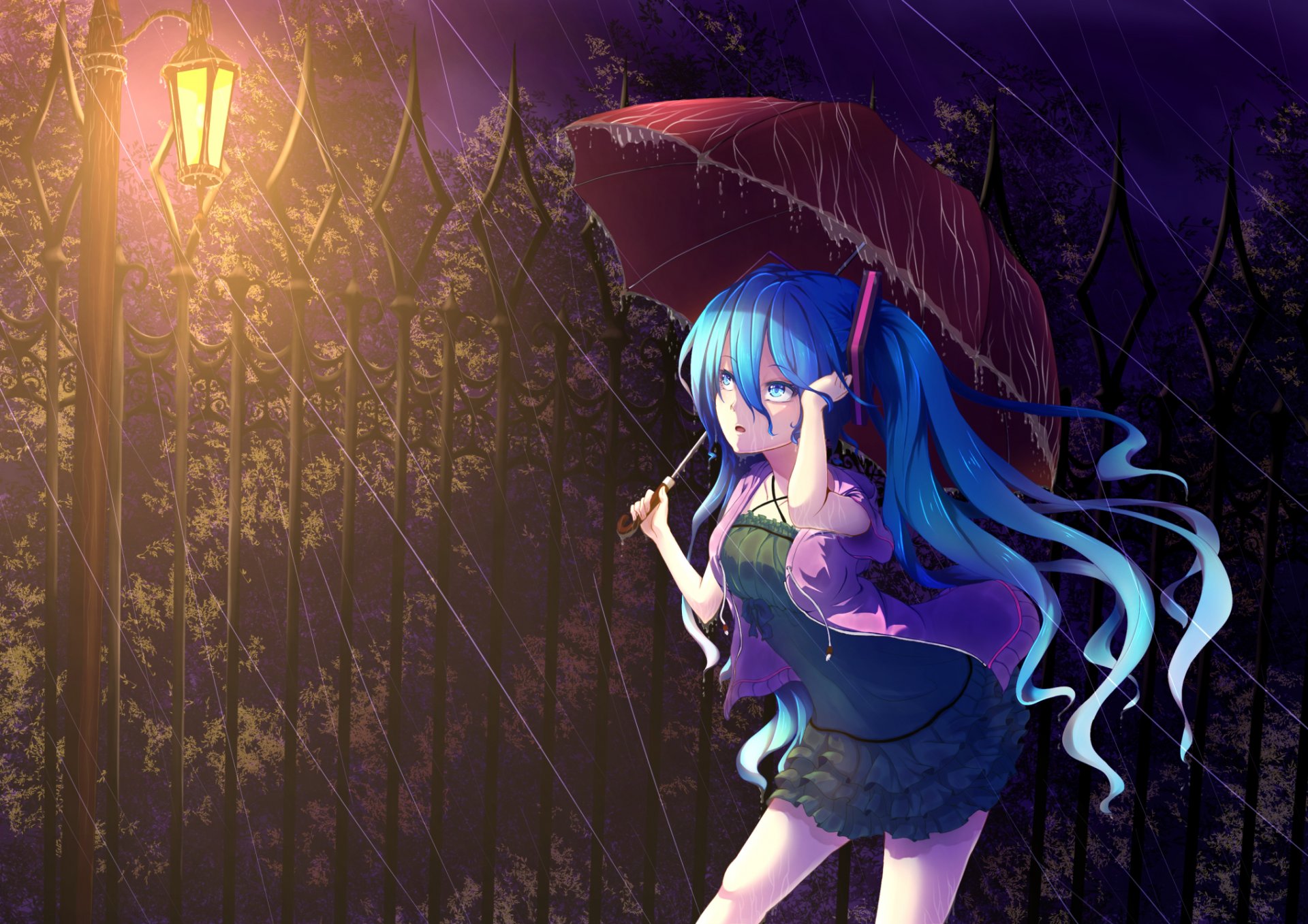 art girl hatsune miku surprise umbrella rain night lantern vocaloid vocaloid