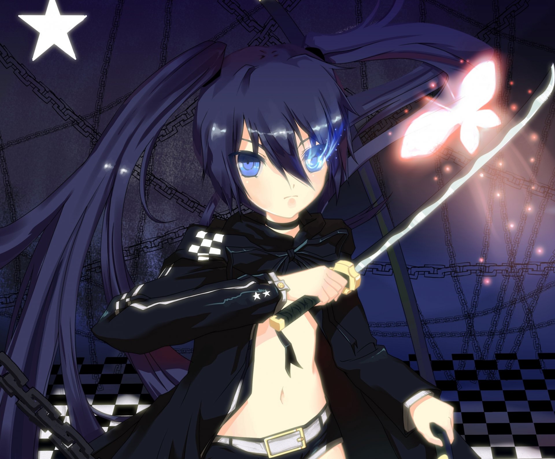 art gen 26 anime black rock shooter black rock shooter girl katana weapon mato kuroi butterfly asterisk chain