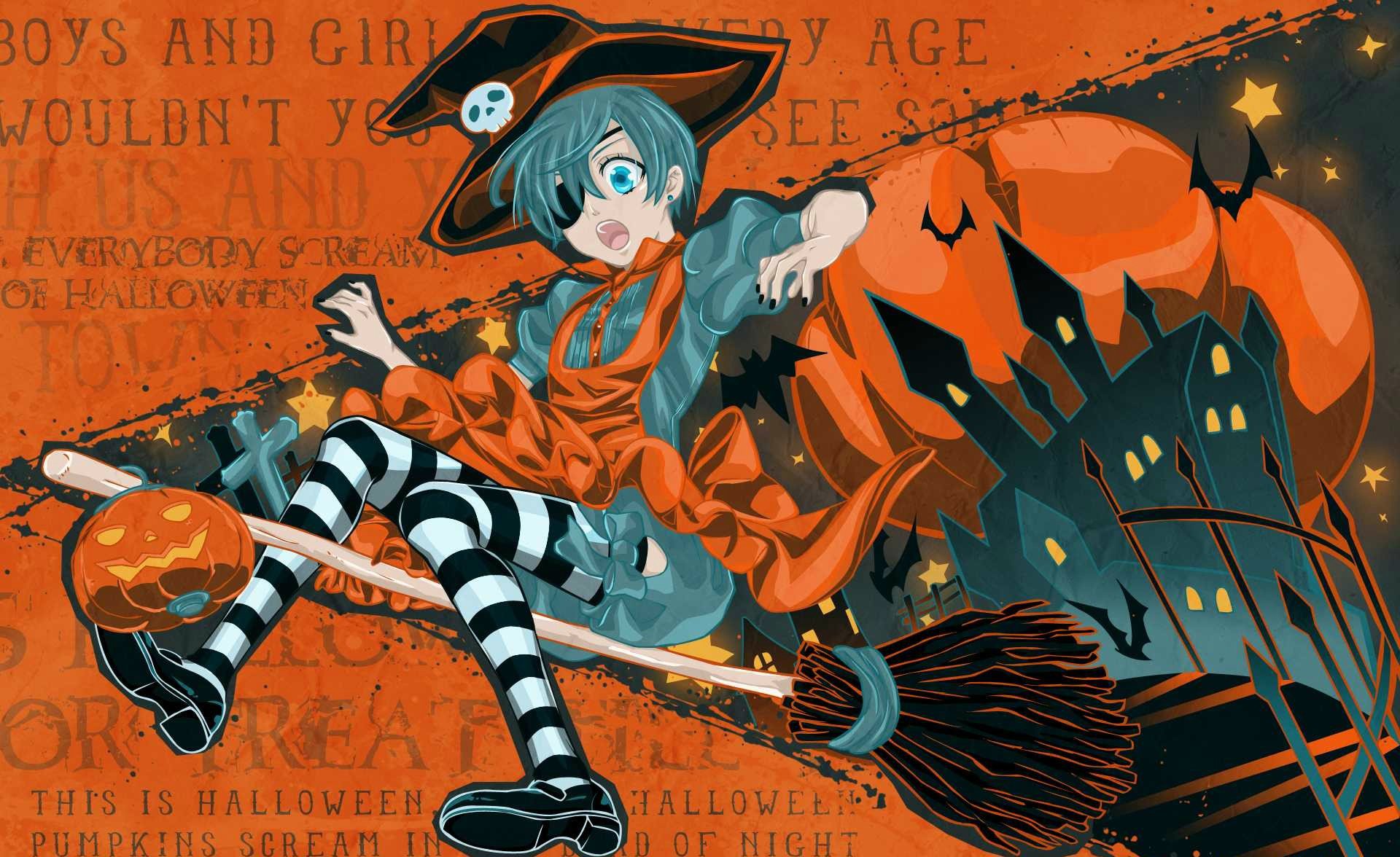 kuroshitsuji halloween ciel phantomhive balai citrouilles chauves-souris chapeau crâne peur rayé bas croix château tablier