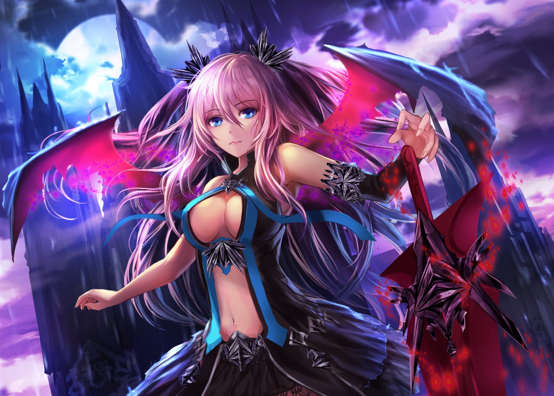 art a-line girl view cleavage weapon wings demon magic night