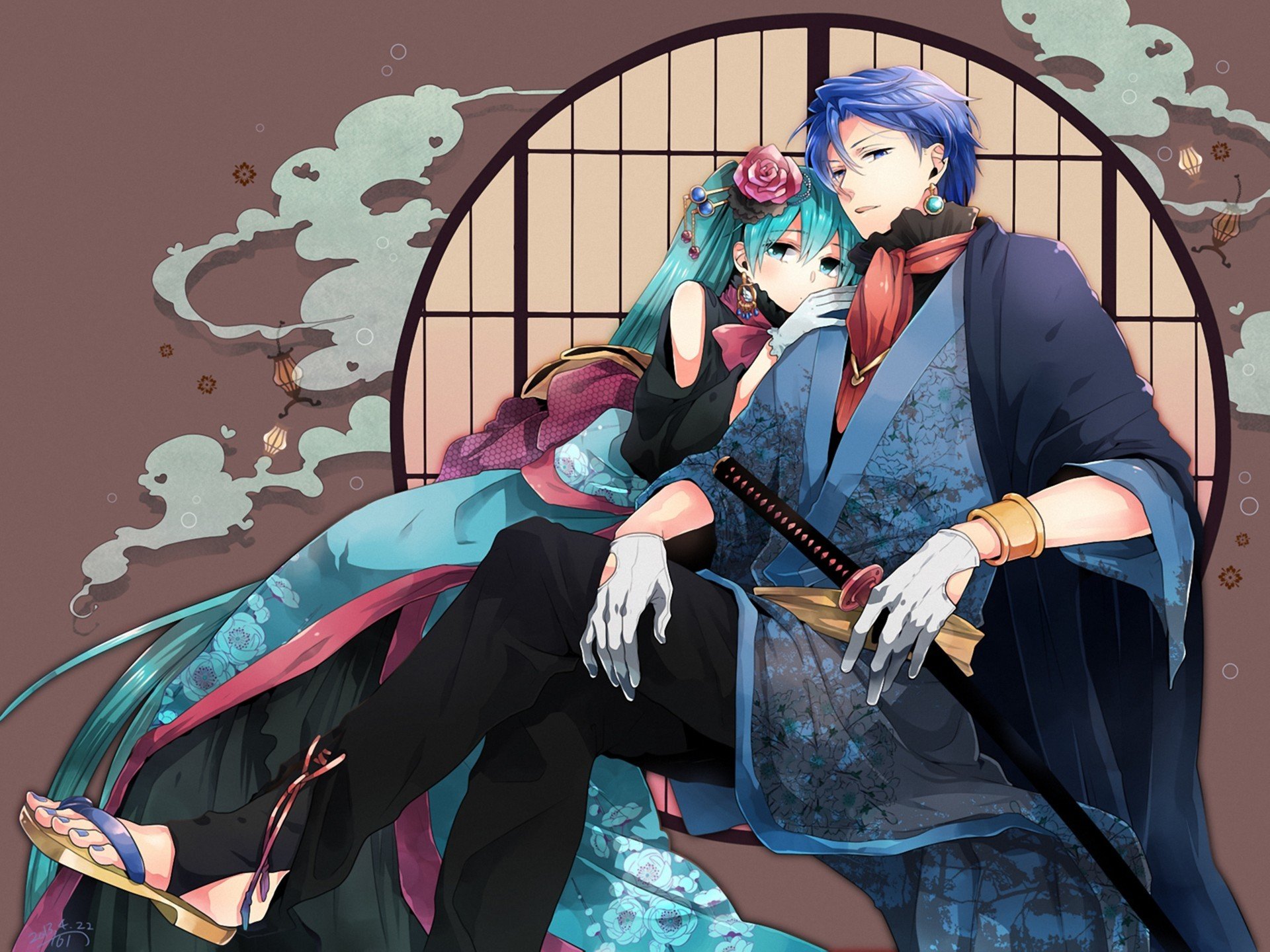 art irono yoita vocaloid hatsune miku kaito guy girl sword sitting