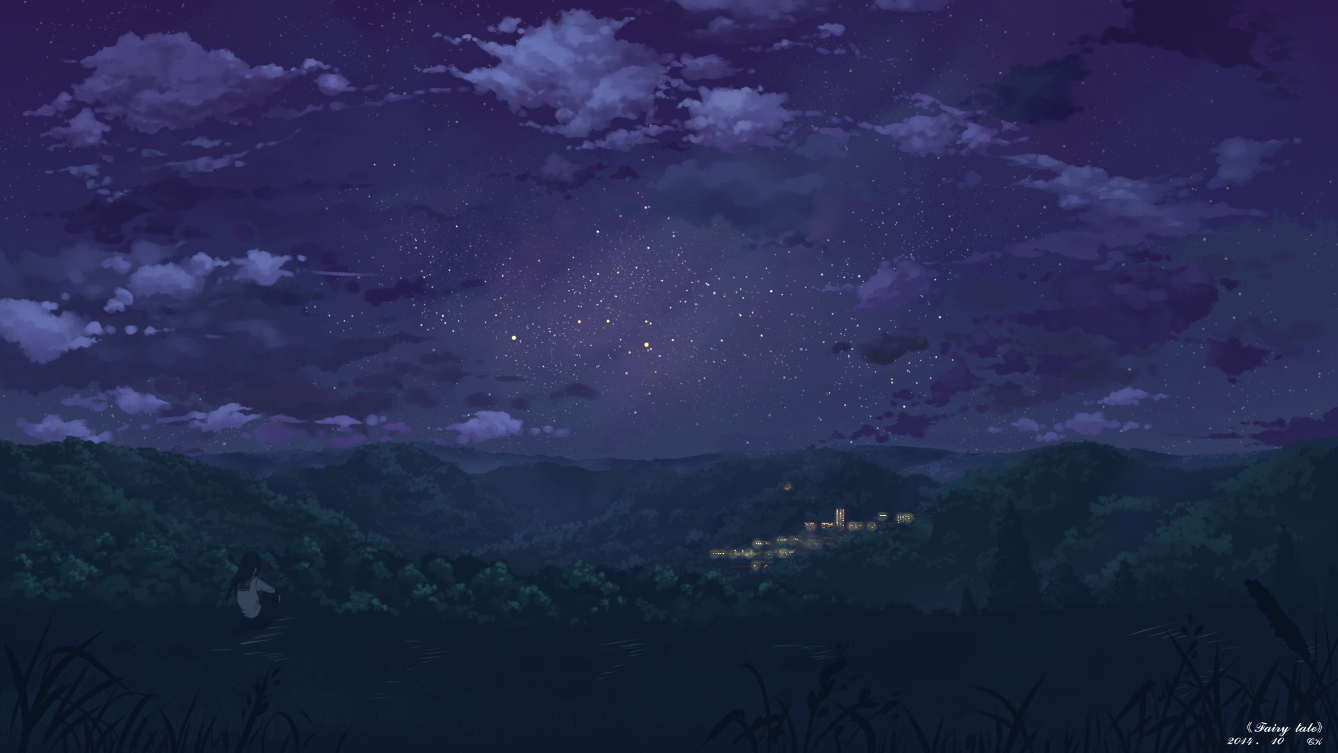 arte yuko-san chica colegiala noche cielo estrellas naturaleza árboles ciudad casas luces forma nubes anime