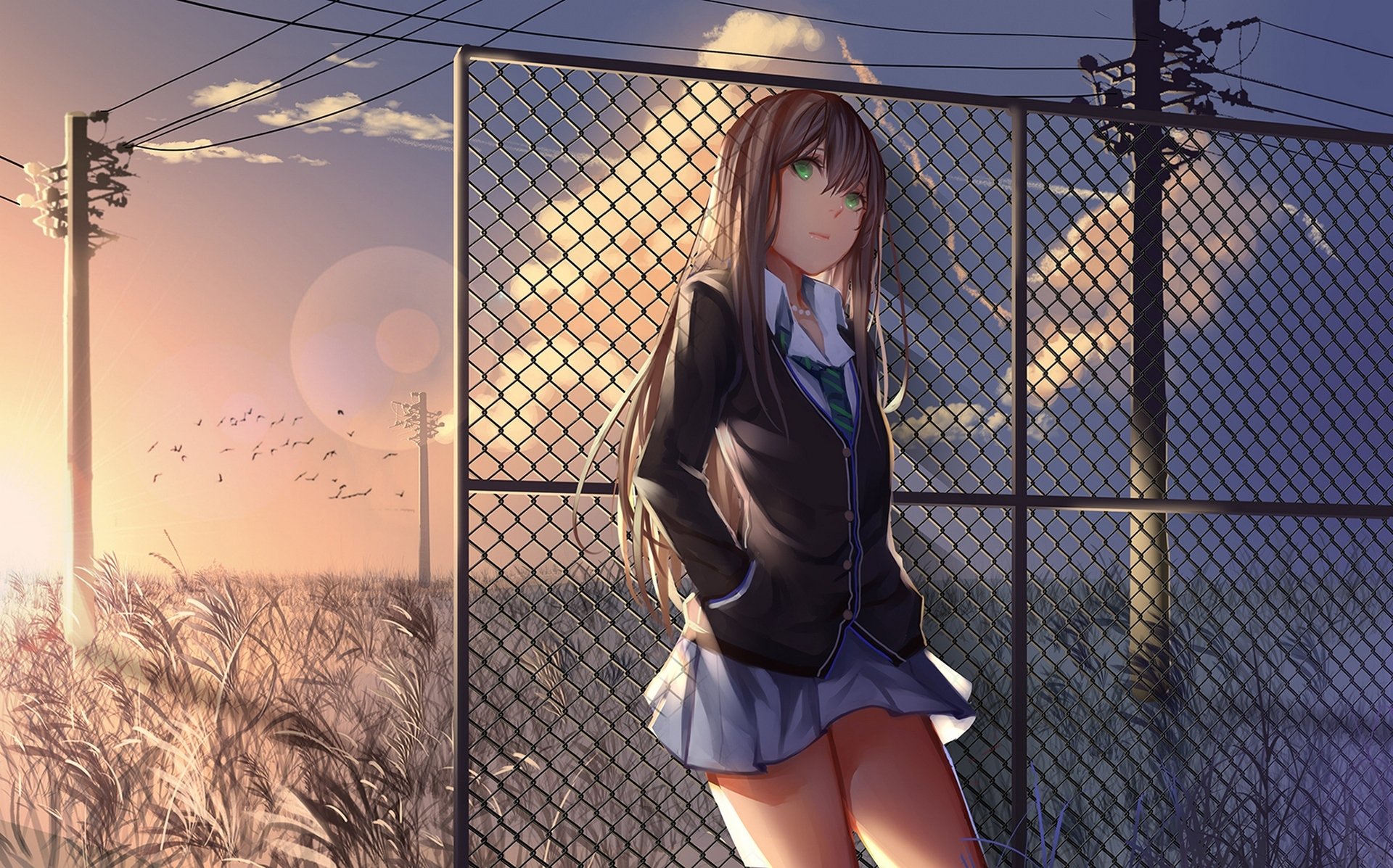 arte kote sensei anime idolmaster shibuya rin chica colegiala puesta de sol pájaros pilares cables cielo nubes