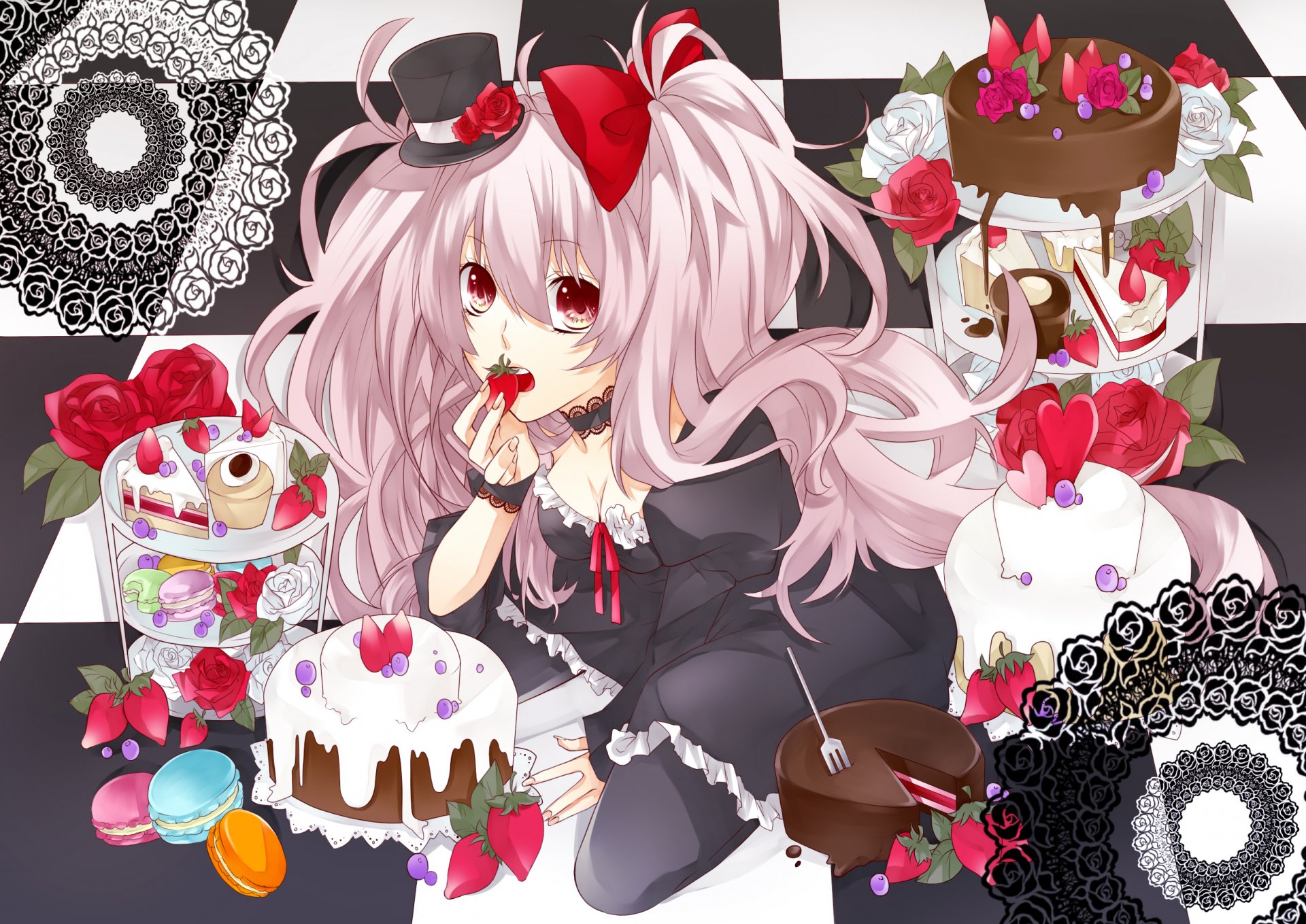 art aonoe girl strawberry cakes cakes anime hat bow flowers roses cookies fork heart