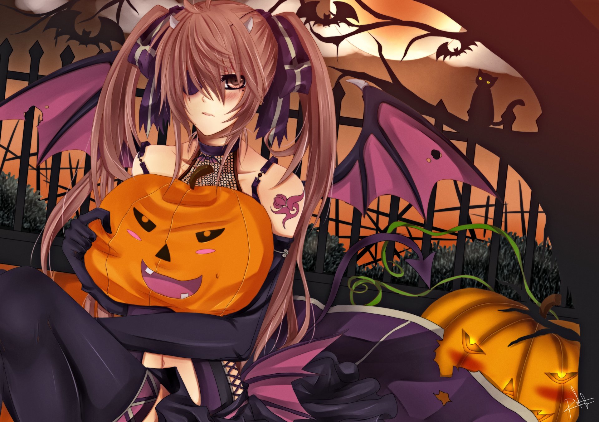 art girl view confused sitting wings demon pumpkin tree cat holiday halloween