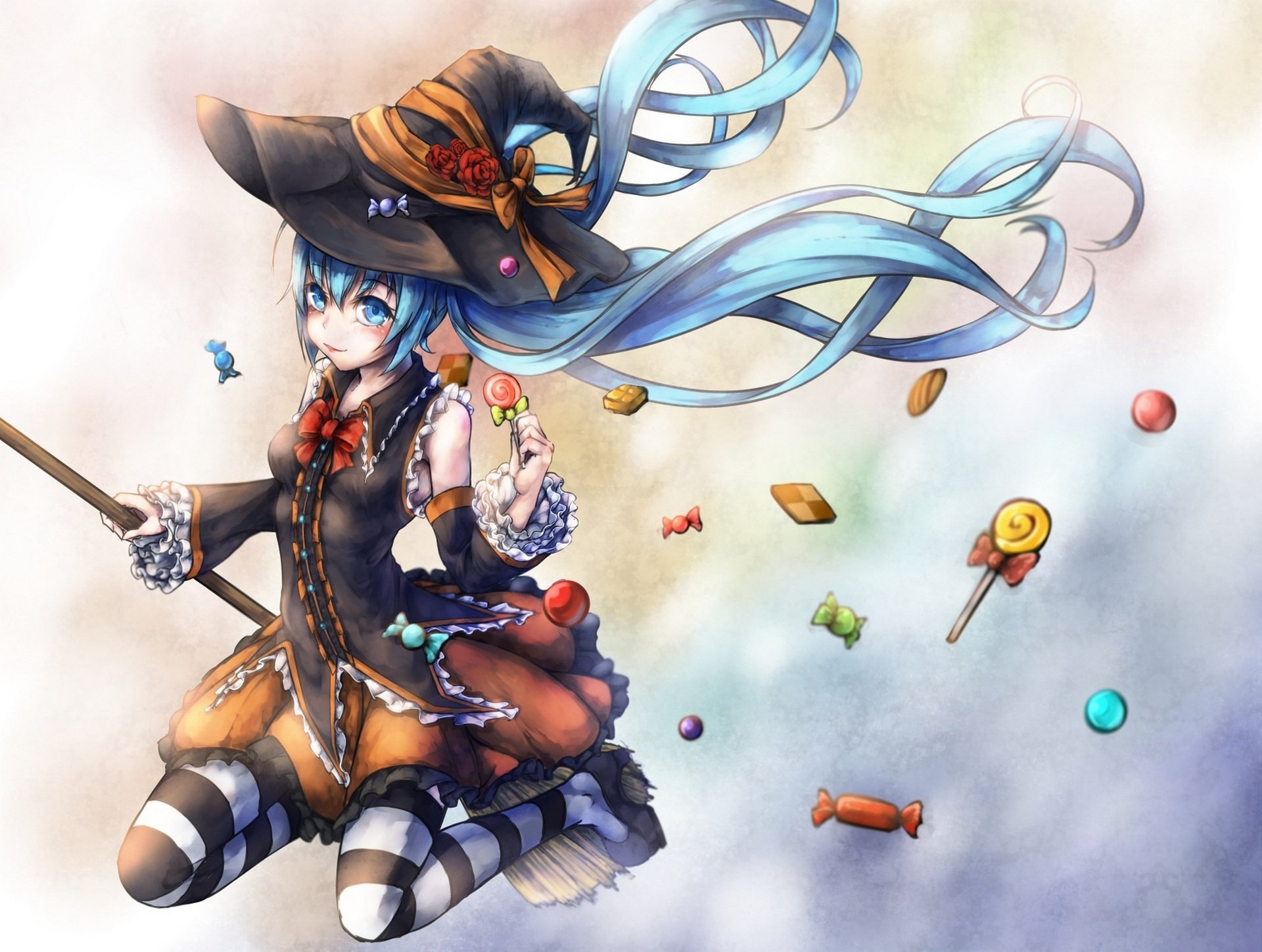 kunst kajaneko vocaloid hatsune miku mädchen urlaub hut besen hexe süßigkeiten strümpfe zunge halloween anime