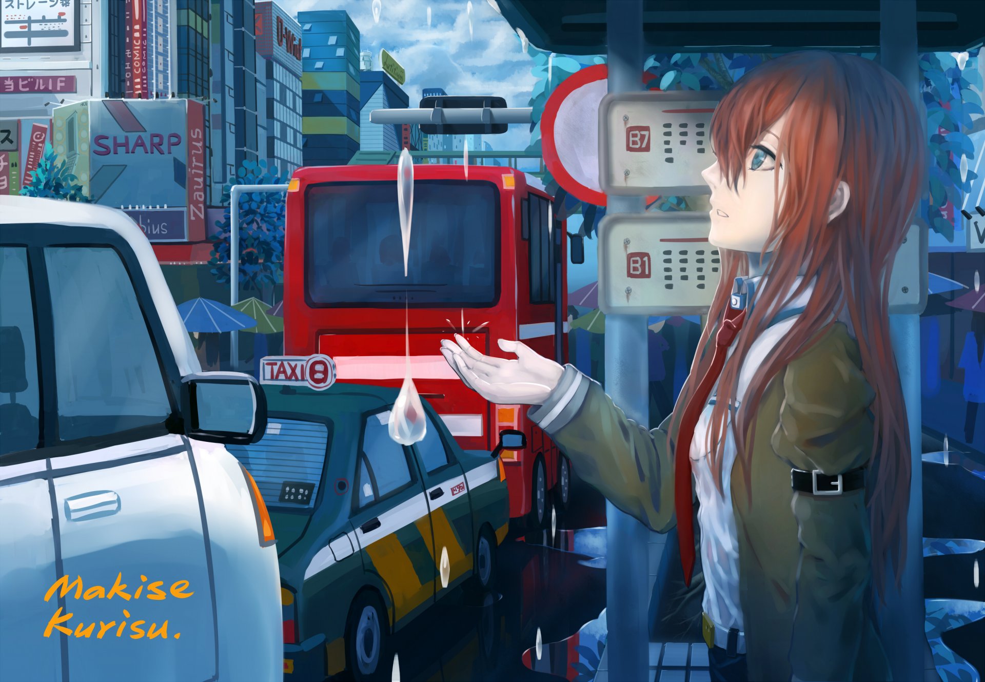 anime art tasses; porte makise kurisu fille vue gouttes arrêt bus voitures ville