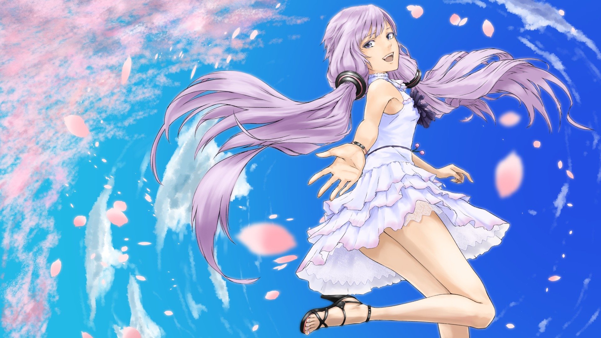 arte din chica yuzuki yukari mirada alegría gesto salto sakura cielo vocaloid vocaloid