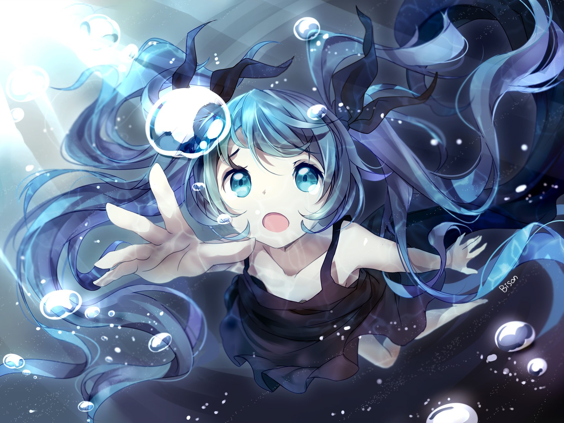 art bisonbison vocaloid hatsune miku fille sous l eau bulles lumière anime