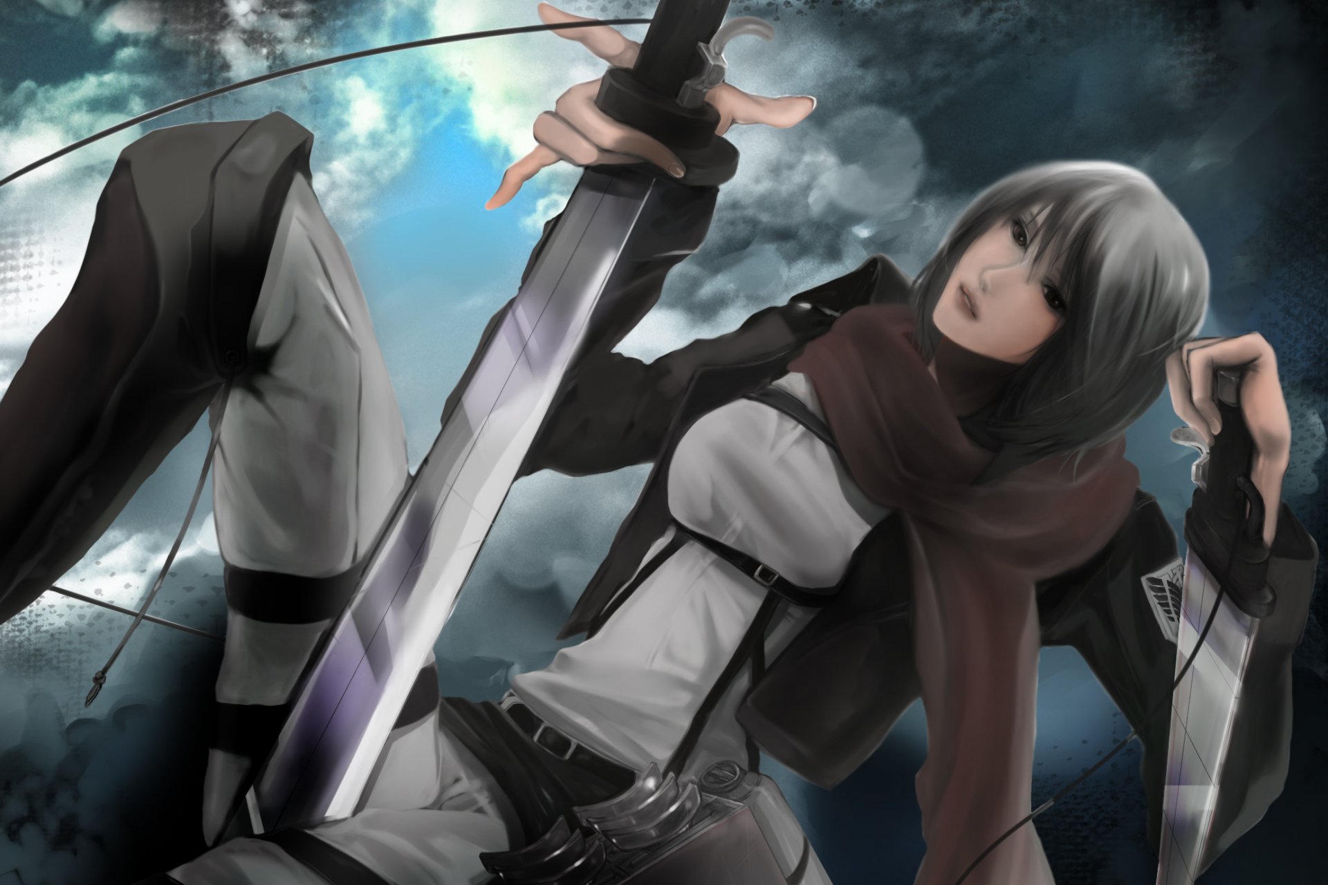 arte chica mikasa ackerman cuchillas soldado vuelo artilugios bufanda raya no shingeki no kyojin