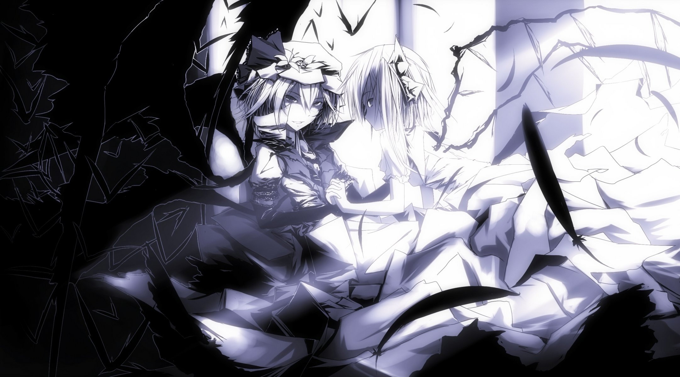 art tan carbon touhou flandre scarlet remilia scarlet girls sister daemons monochrome cap wings crystals feather